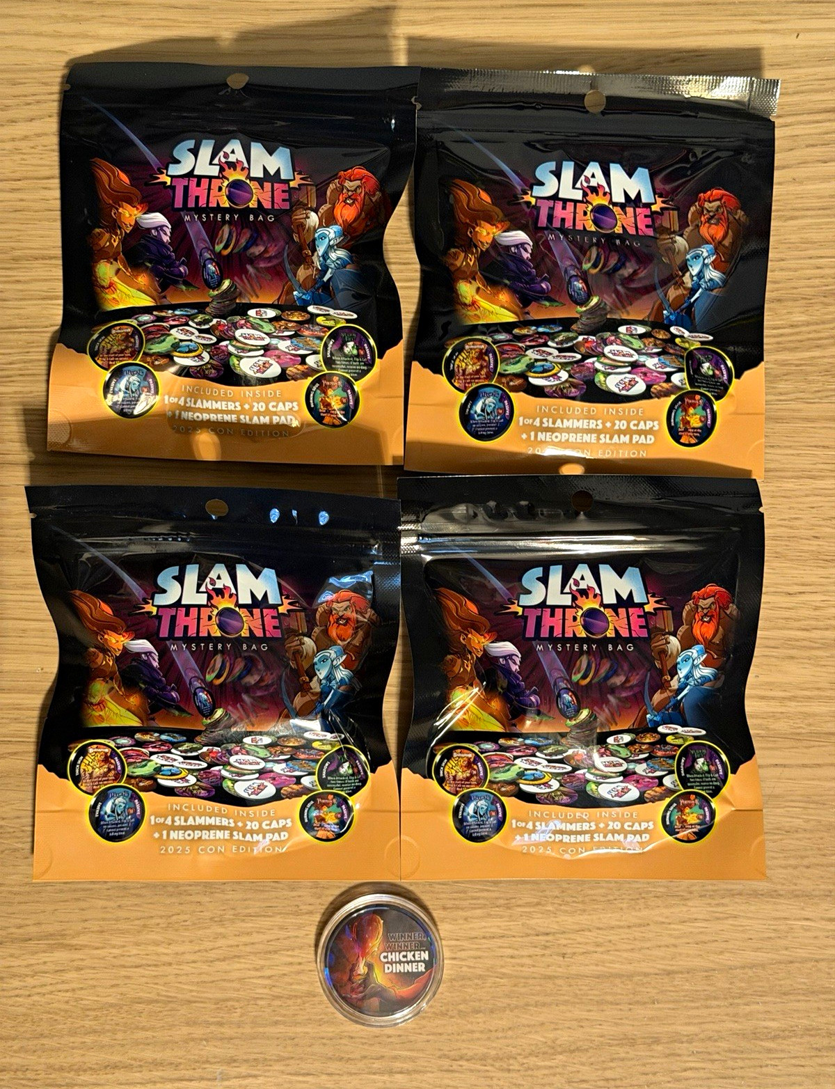 NEW - Slam Throne Con Ed. 2025 x 4 + RARE Chicken Dinner Promo Cap -Dice Throne NEW - Slam Throne Con Ed. 2025 x 4 + RARE Chicken Dinner Promo Cap -Dice Throne