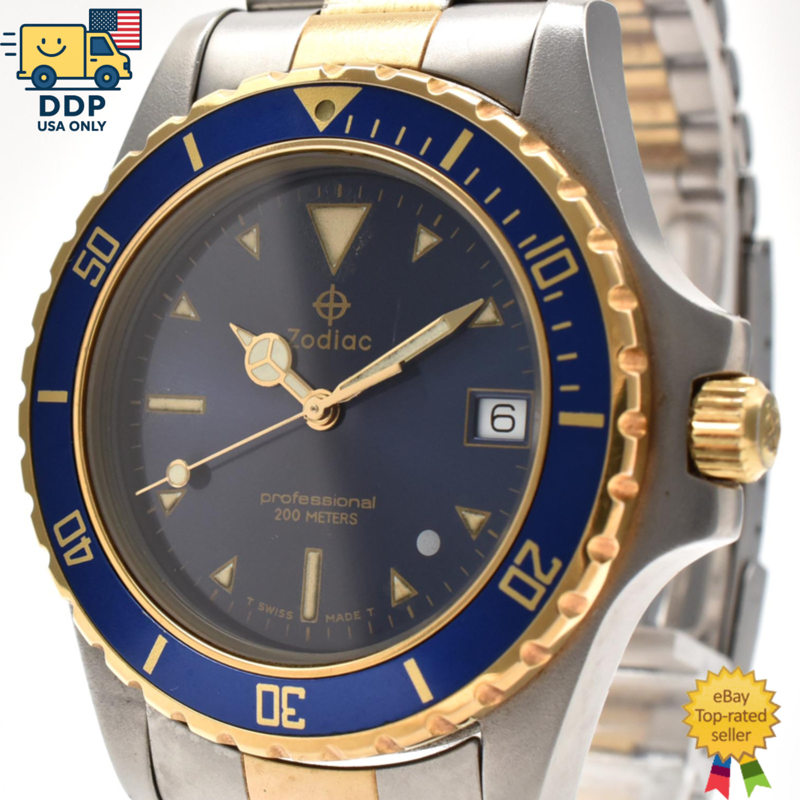 ZODIAC PROFESSIONAL VINTAGE 200M 206.26.04CB GOLD BLUE Quartz Men's [Exc+5]