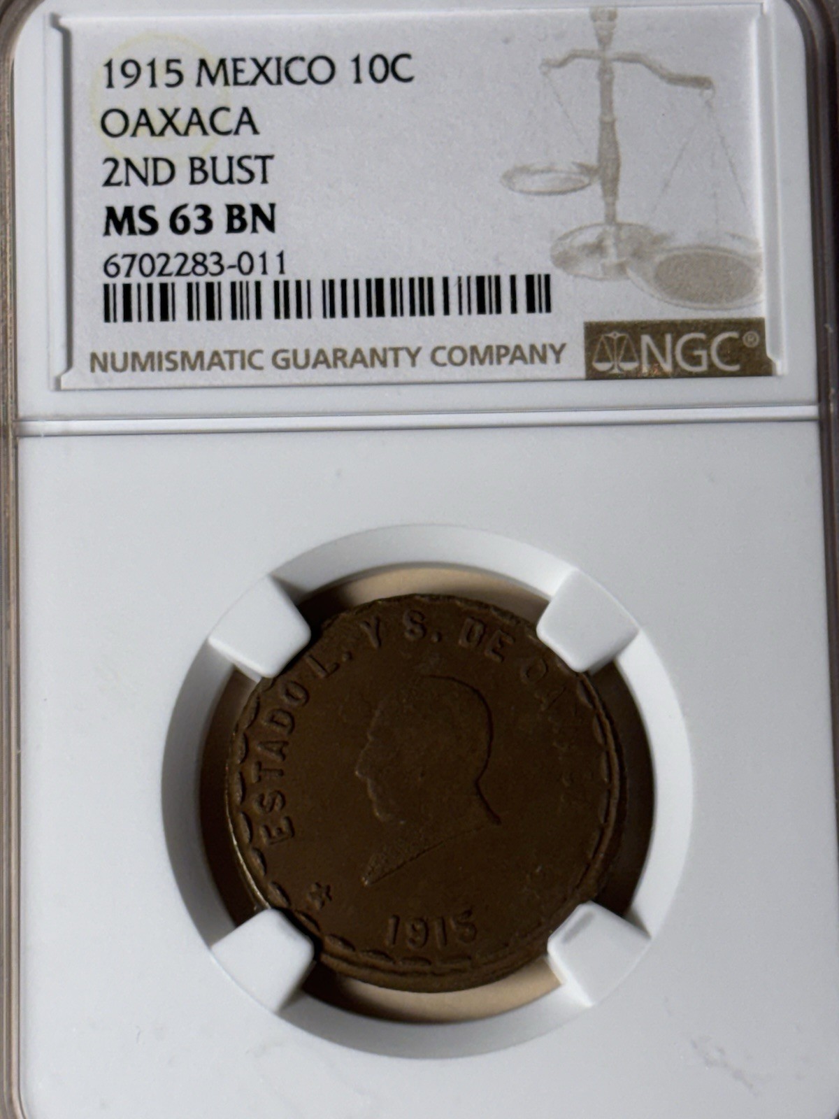 1915 MEXICO OAXACA KM-722 10C NGC MS63 BN High Grade Example