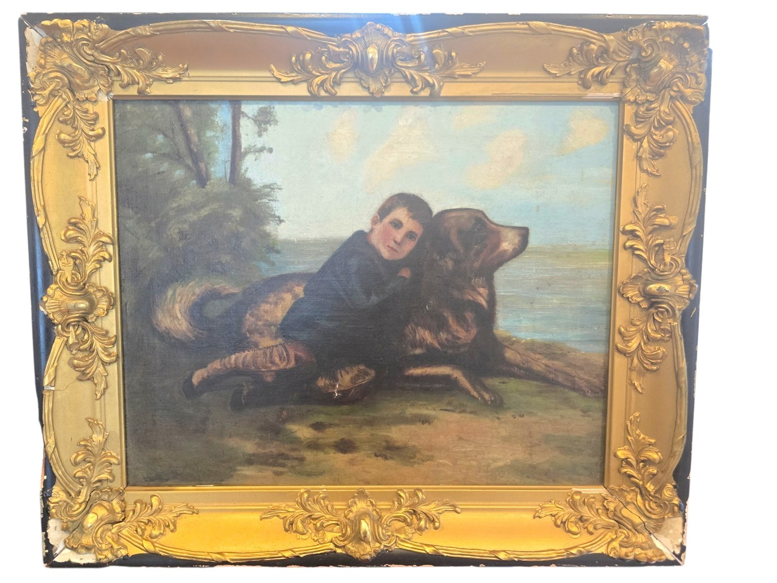 Vintage “Dan and I” After McLoughlin Bros Oil Painting on Canvas Framed.