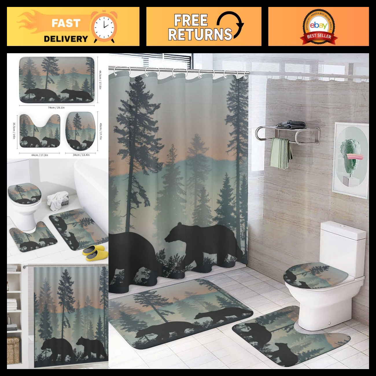 4Pcs Cute Animal Forest Shower Curtain Set, Non-Slip Rugs & Toilet Lid Cover, 72