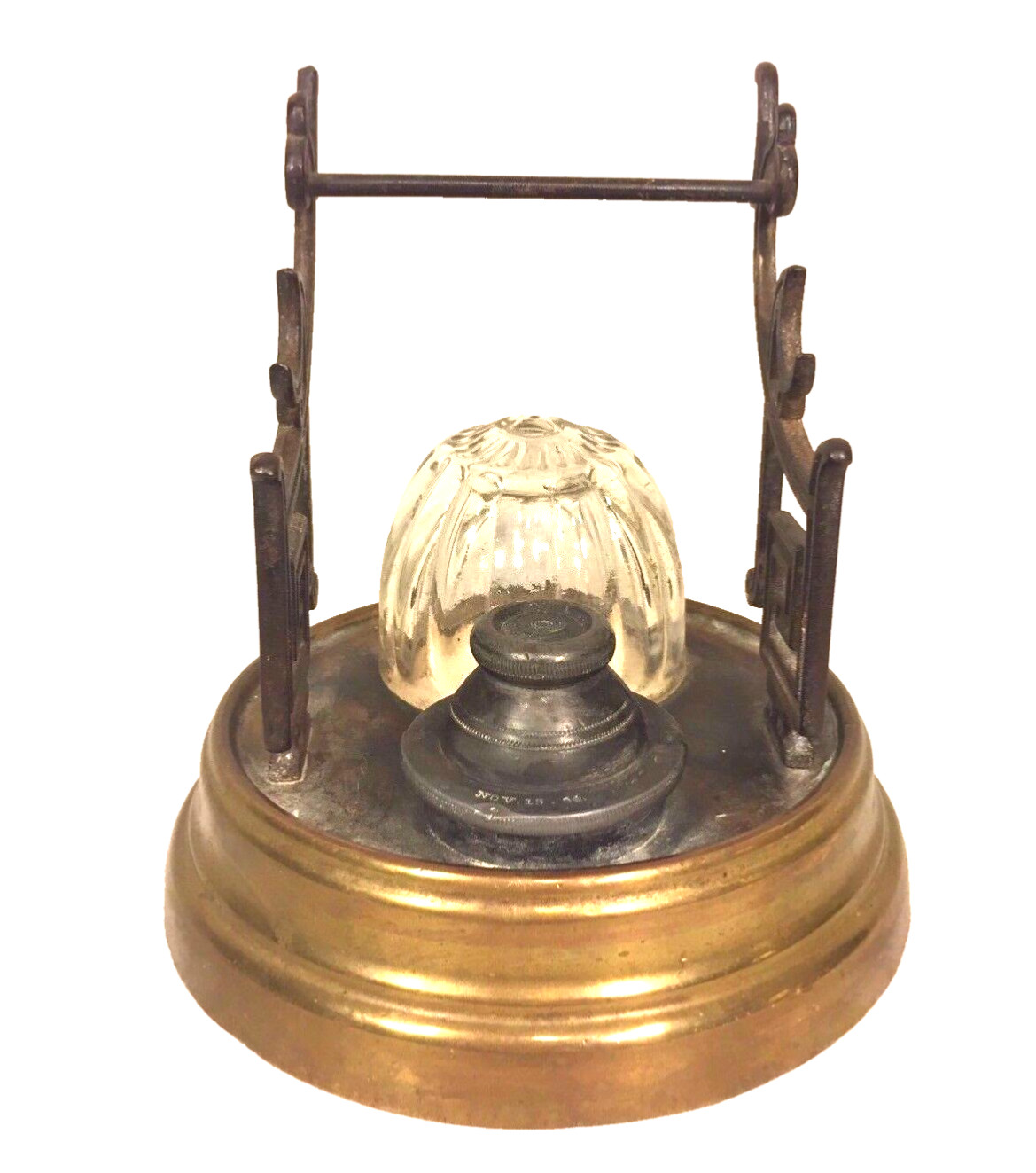 Antique Inkwell Patented 1866 w/ Porcelain Bowls & Brass Asian Motif Pen Holders