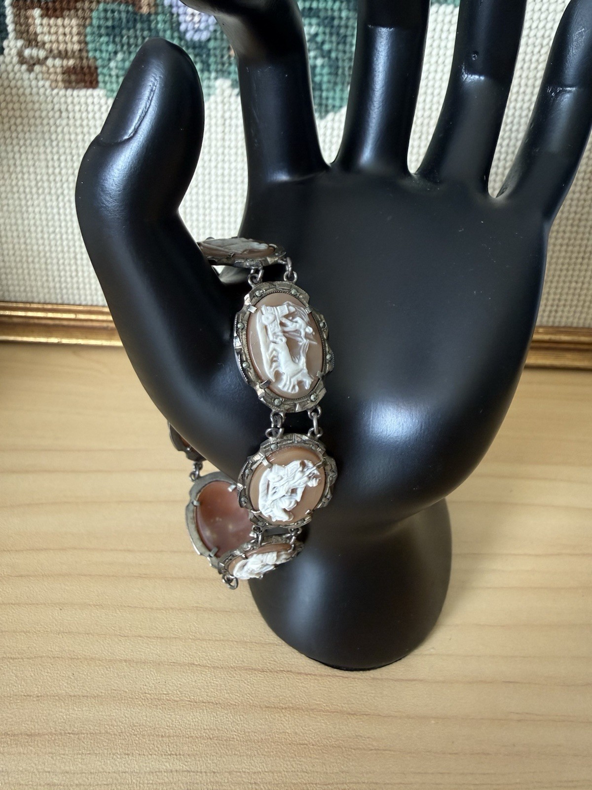 Vintage 800 Silver Seven Days Roman Gods Shell Cameo Marcasite Bracelet Vintage 800 Silver Seven Days Roman Gods Shell Cameo Marcasite Bracelet