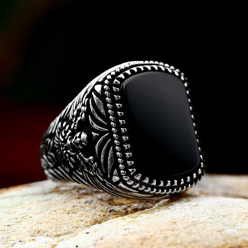 Men\'s Black Stainless Steel Ring Vintage Punk Square Stone Fashion Jewelry