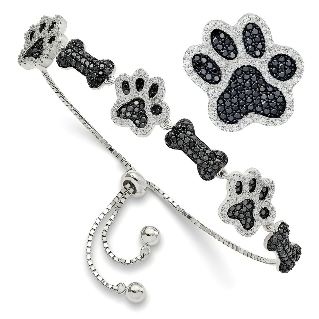 Sterling Silver Rhodium-plated CZ Paw Print & Bone Bracelet With Paw Pendant Sterling Silver Rhodium-plated CZ Paw Print & Bone Bracelet With Paw Pendant