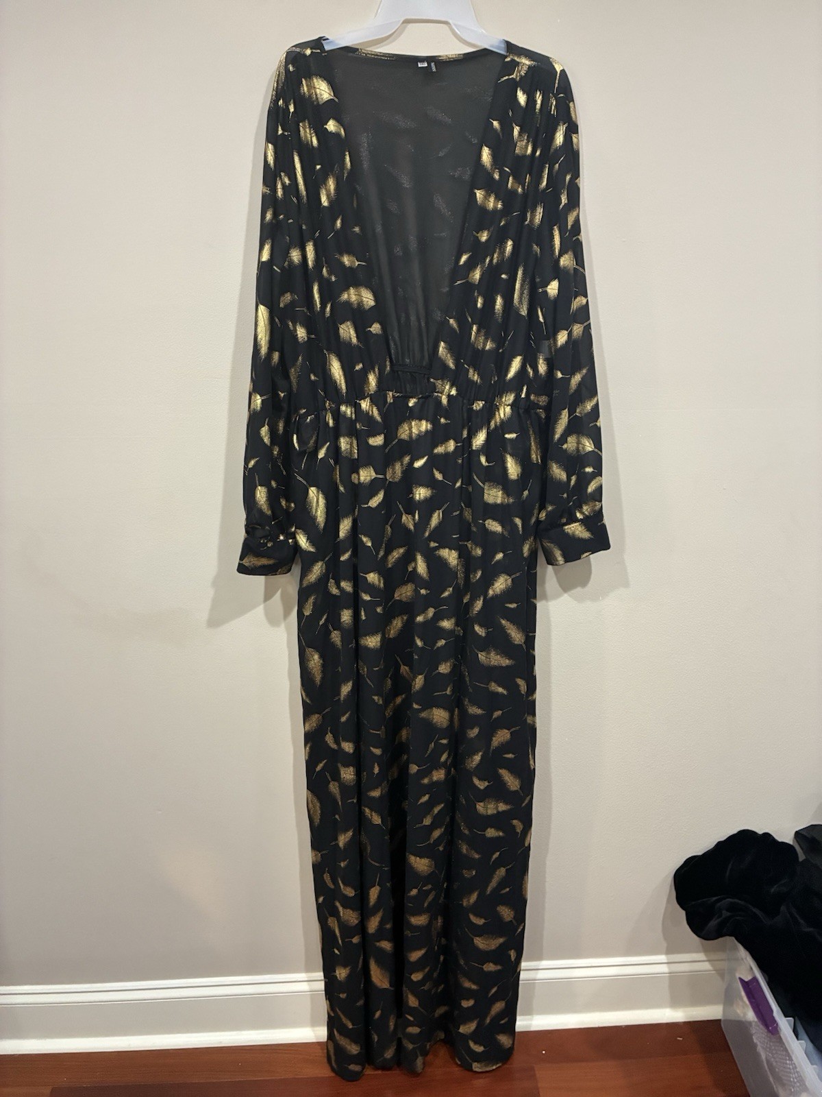 Women’s 3x Black Gold Leaf Longsleeve Sheer Coverup Dress