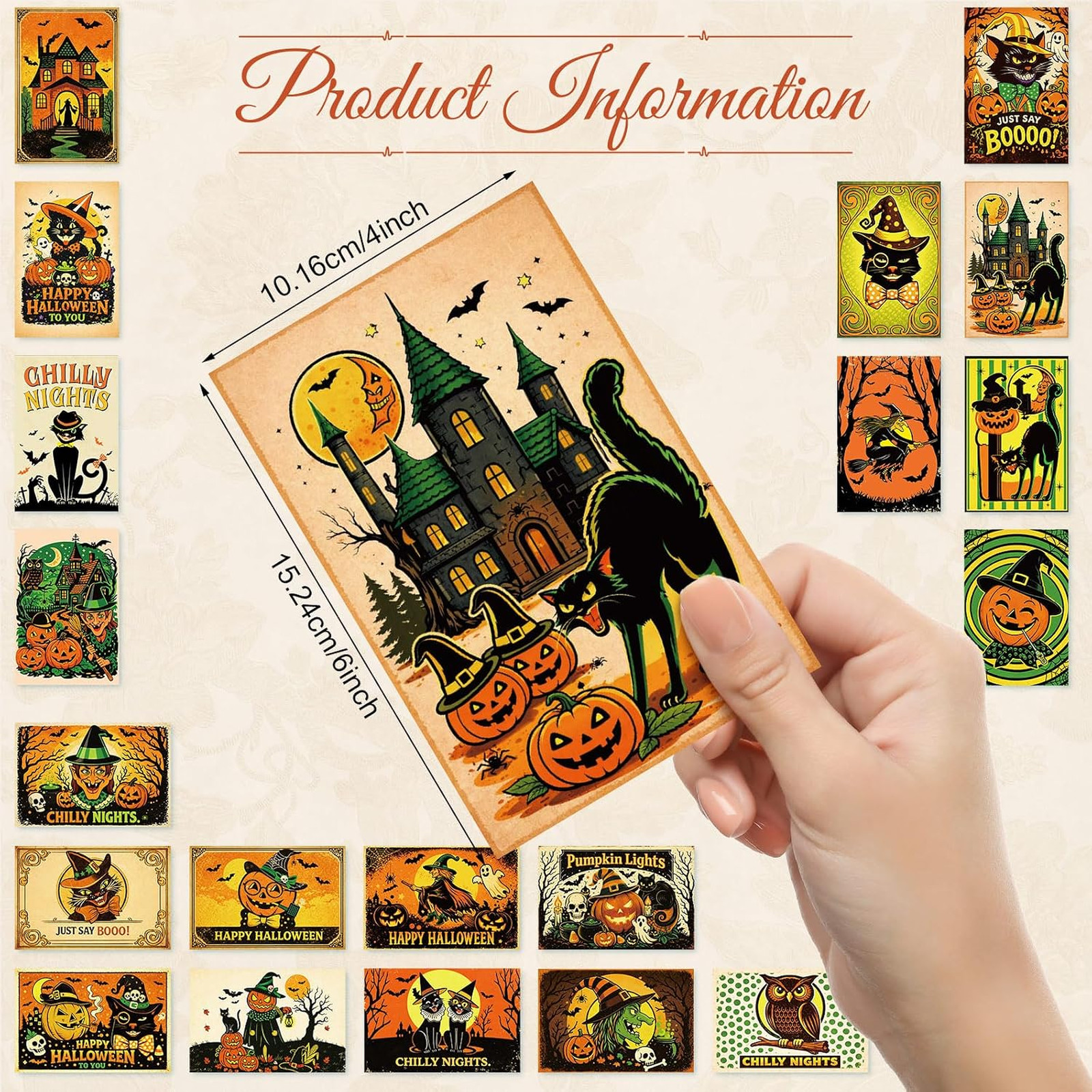 Vintage Halloween Postcards Bulk 4x6 Inches Orange Black Cat Witch Pumpkin Pack