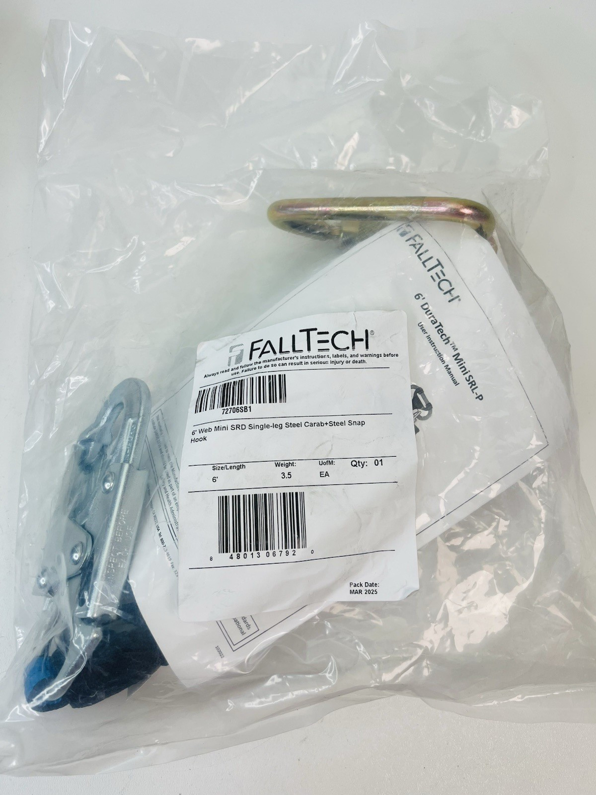 Falltech 72706SB1 DuraTech Mini Single 6\' Self-Retracting Lanyard Steel NEW