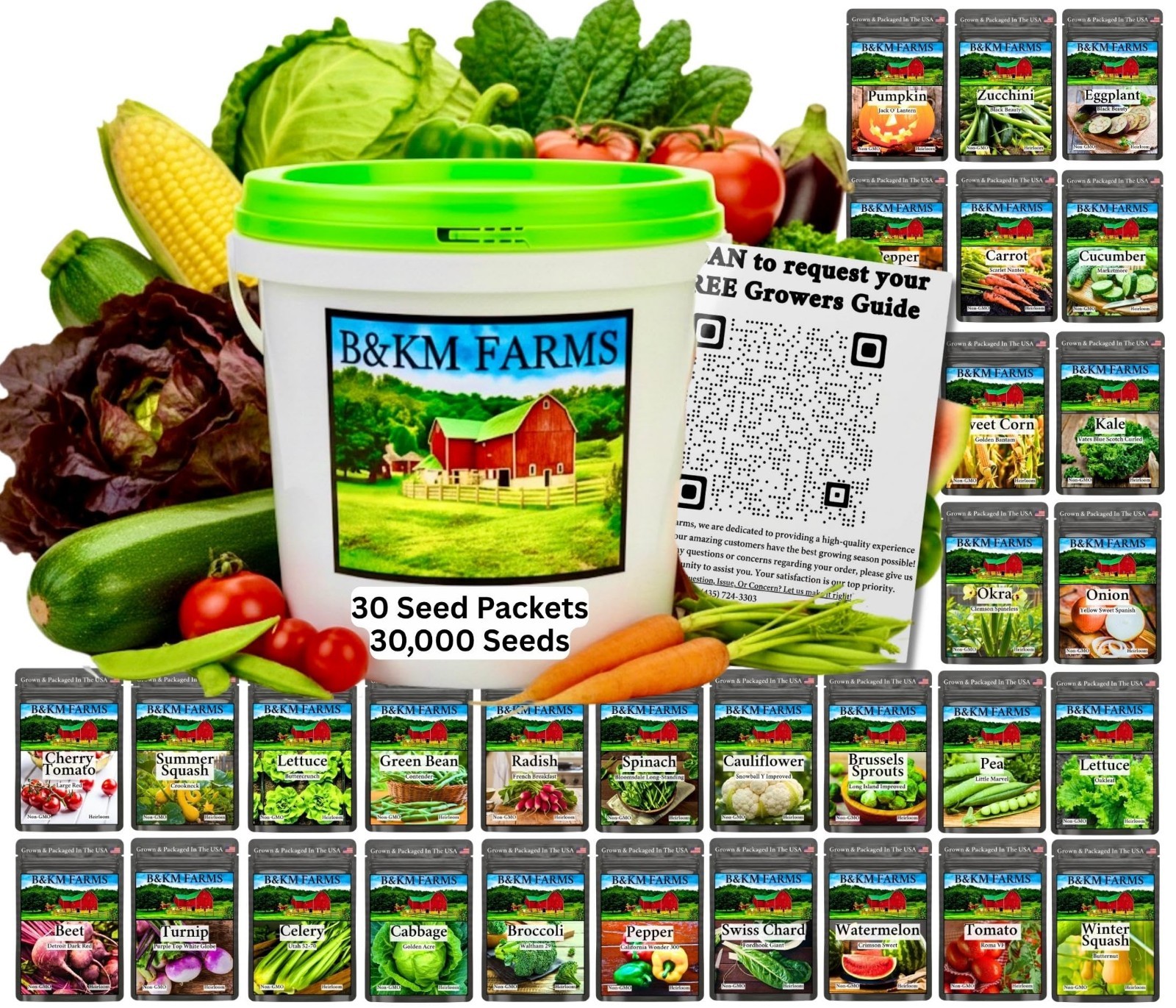 30,000+ Non-GMO Heirloom Seed Kit - 30 Fruit & Vegetable Varieties for Gardeners