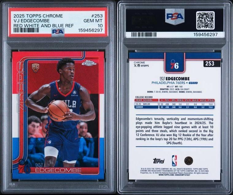 2025-26 Topps Chrome #253 VJ Edgecombe Red White and Blue Refractor PSA 10 2025-26 Topps Chrome #253 VJ Edgecombe Red White and Blue Refractor PSA 10