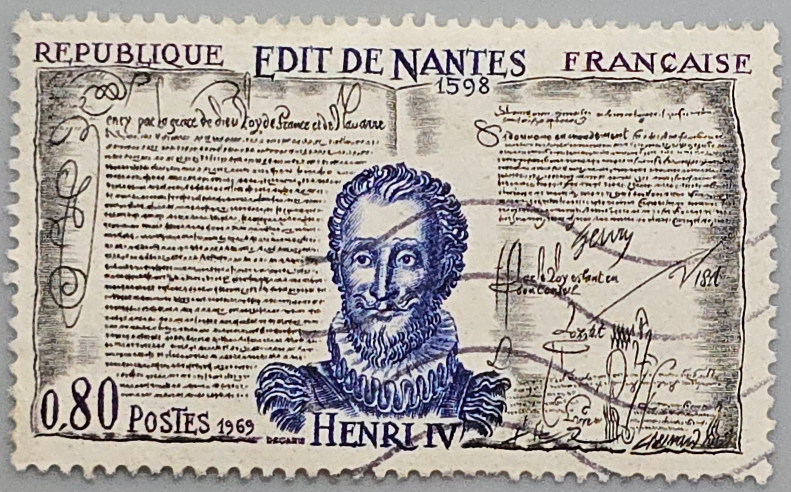 France 1969 Edict of Nantes Henri IV 0.80F Used Commemorative Stamp France 1969 Edict of Nantes Henri IV 0.80F Used Commemorative Stamp