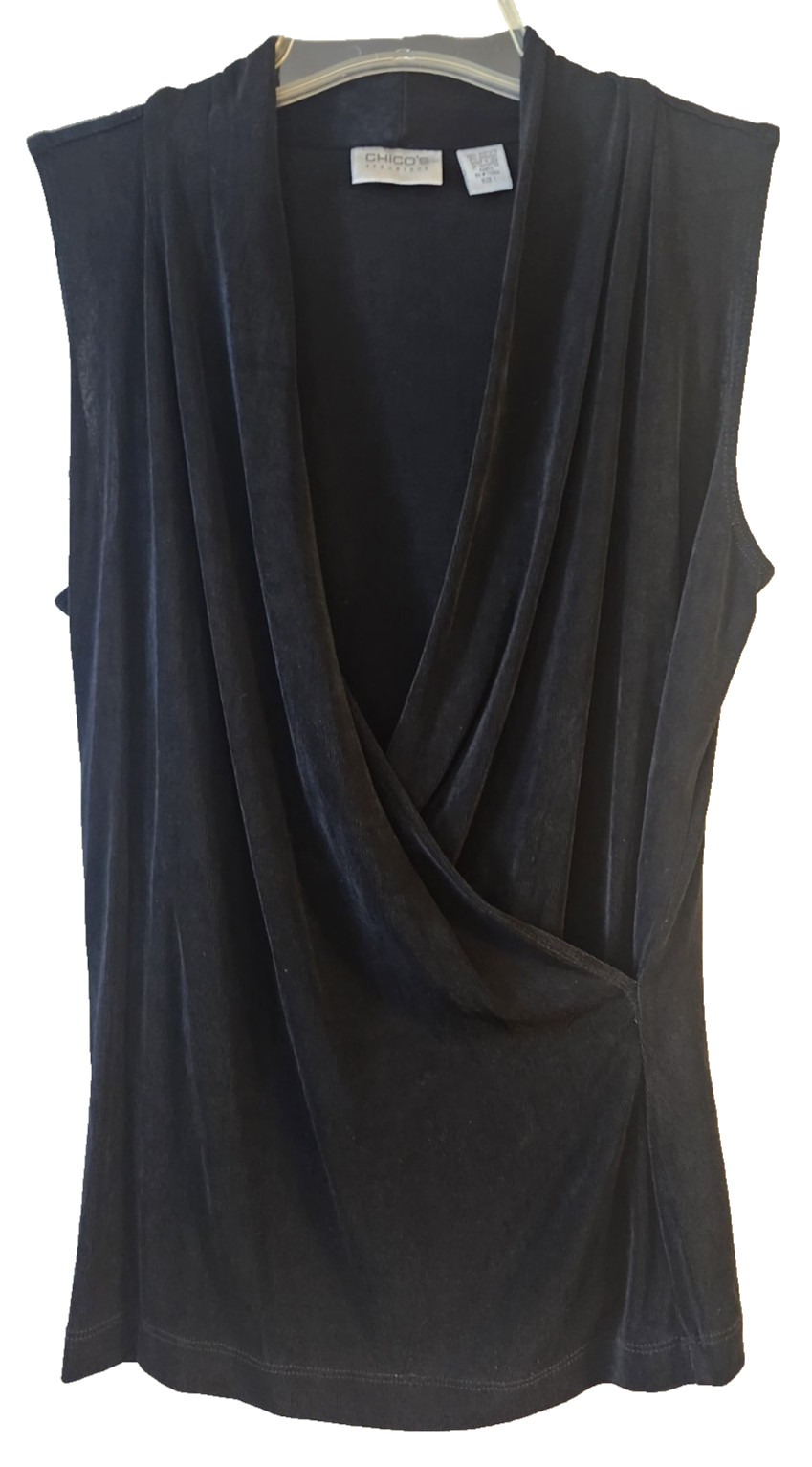 Chico\'s Travelers Blouse Faux Wrap Size 1 Womans M Black Knit Sleeveless