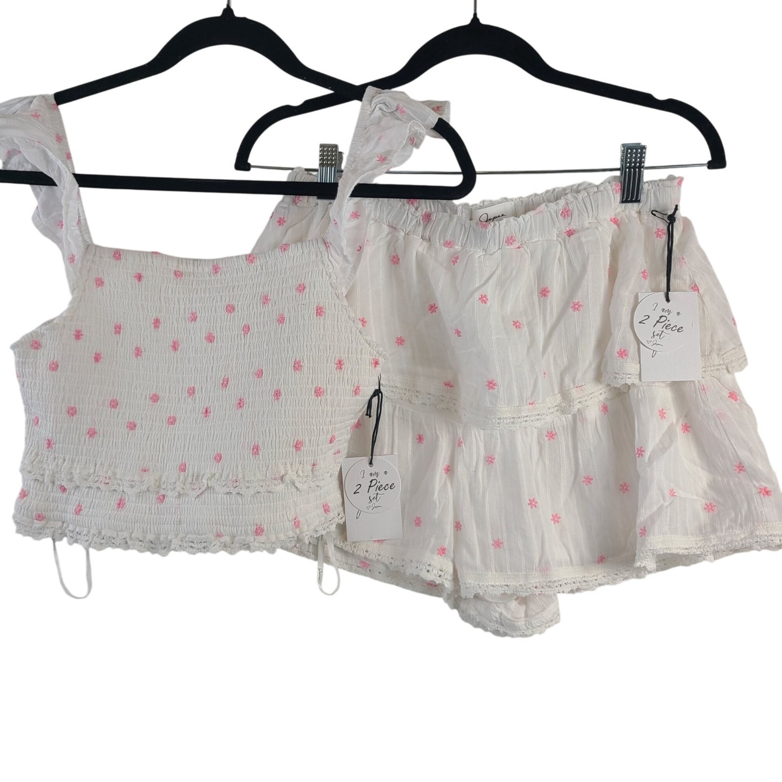 NWT Japna 2-Piece White & Pink Floral Set Smocked Crop Top & Tiered Shorts Sz M