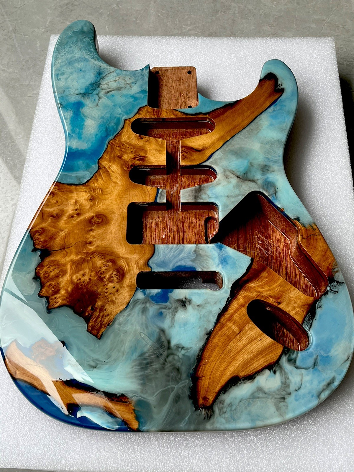 5A Handmade Guitar Body Blue Resin Mahogany Wood Burl Wood Grain Artistic Finish