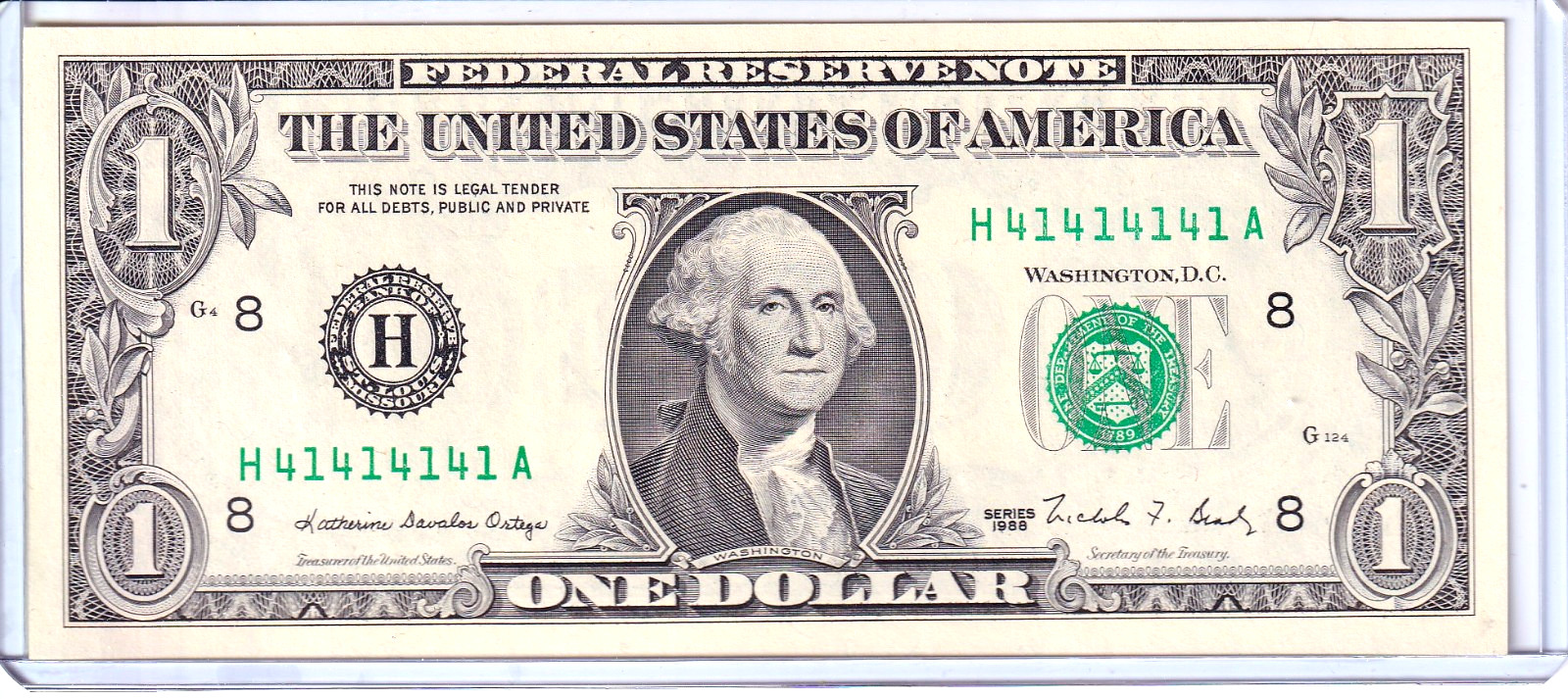 1988 $1 Federal Reserve Note Uncirculated 1/4 Binary Super Repeater #H41414141A