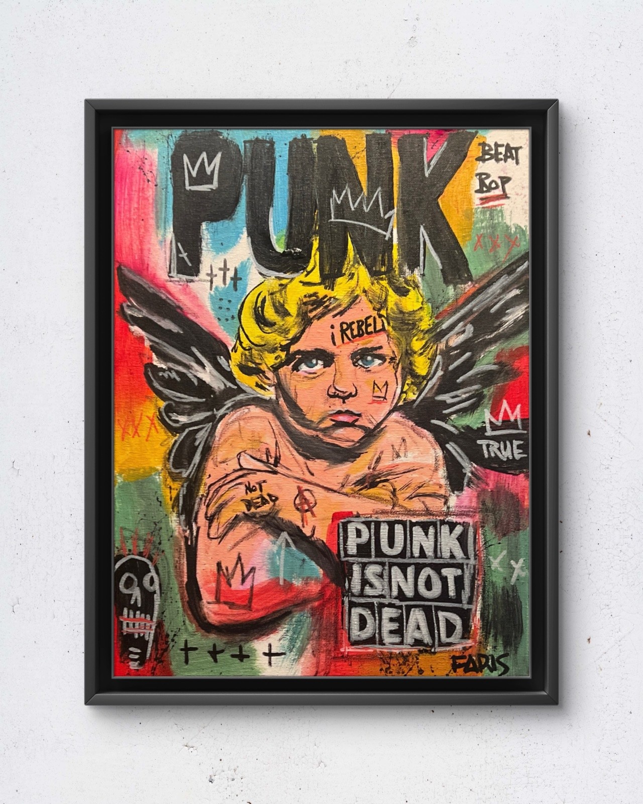 Faris Original Acrylic 12x16 Red Modern Punk Angel Cherub Painting Signed Canvas