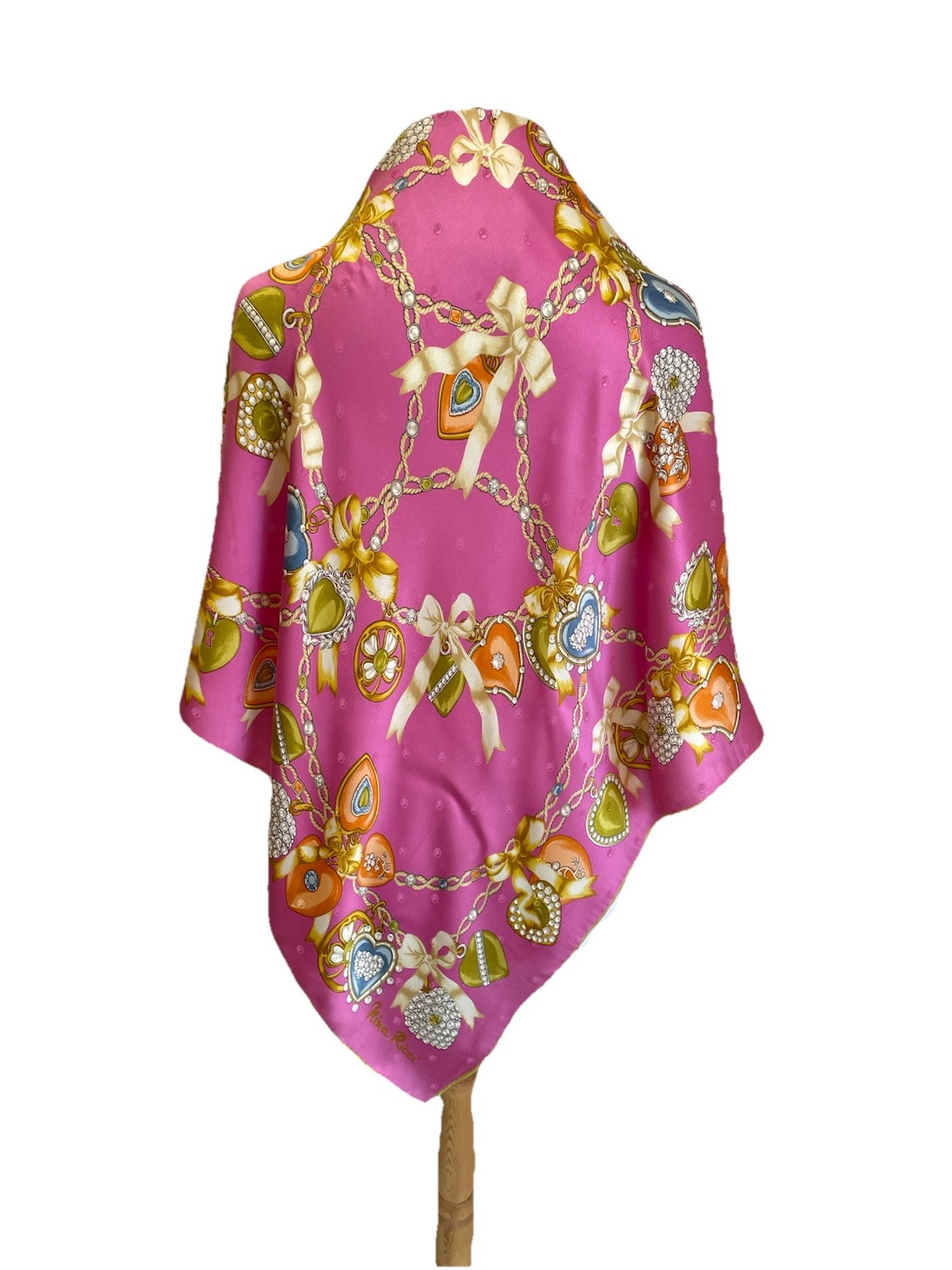 S59# VTG Nina Ricci 100% Silk Scarf Italy Pink Gold Jewelry Chain Heart Foulard
