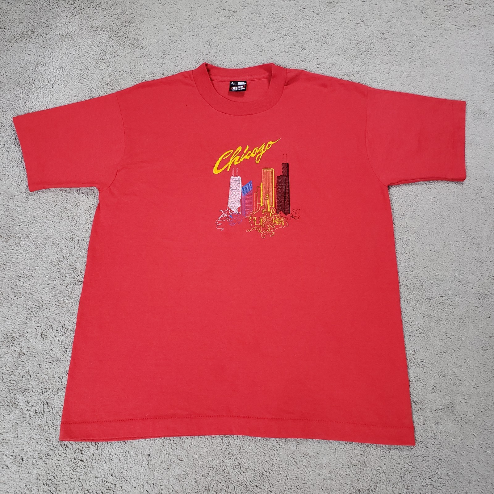 Vintage Chicago Shirt Men L Red Single Stitch 90s City Destination Embroidered
