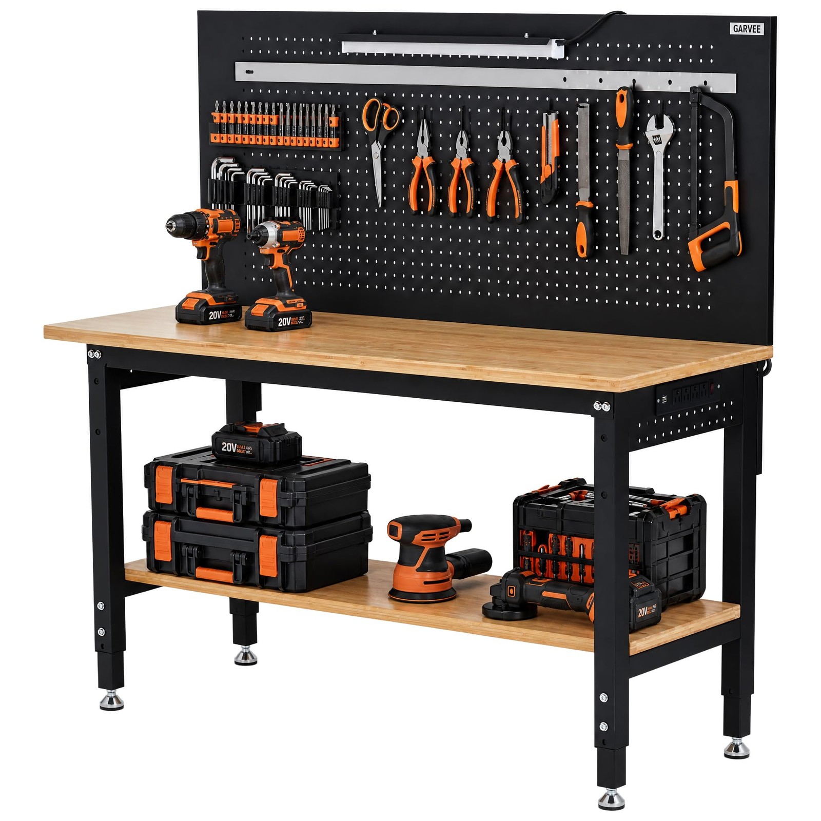 Garvee 60x22inch Work Table Adjustable Height Pegboard Shelf Wood Steel Black