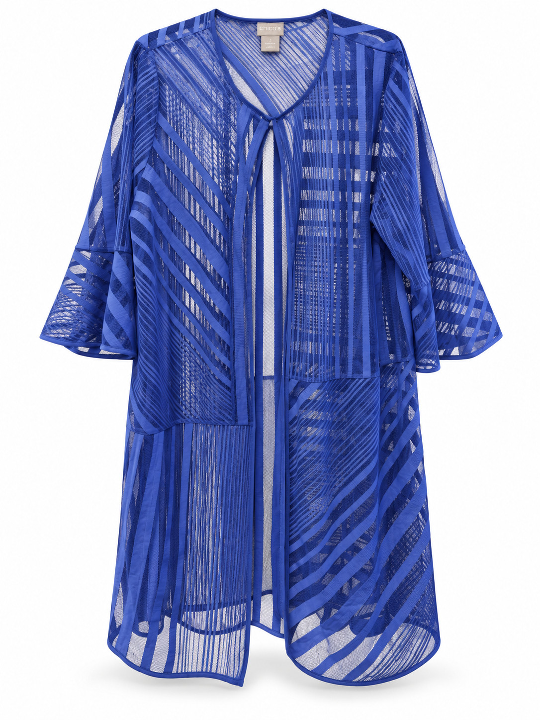 NWT Chico\'s Size 3 16/18 Blue Sheer Mesh Striped Long Duster Cardigan NWT Chico\'s Size 3 16/18 Blue Sheer Mesh Striped Long Duster Cardigan