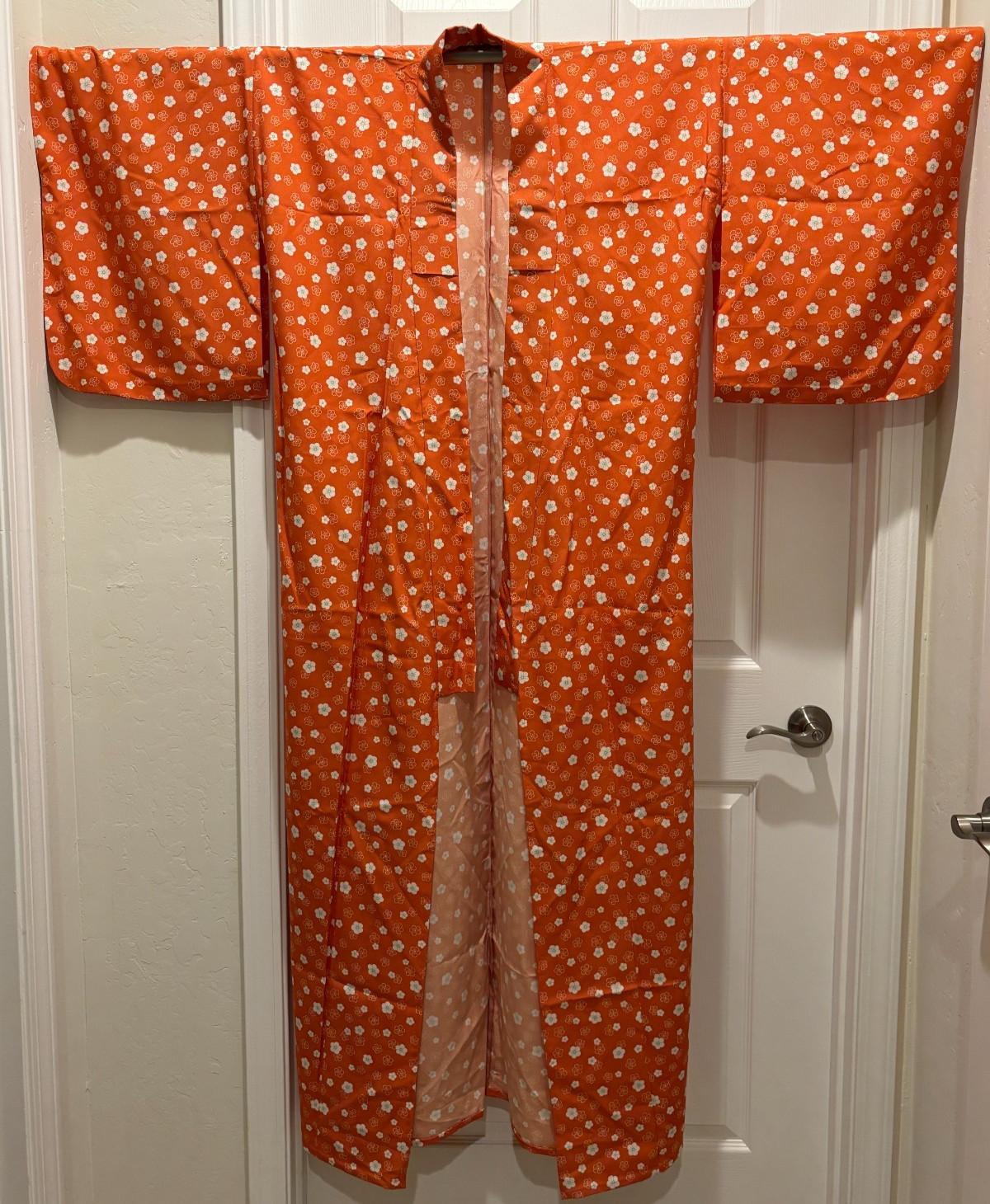 Vintage Japanese Kimono Robe Brown Orange with Cherry Blossoms