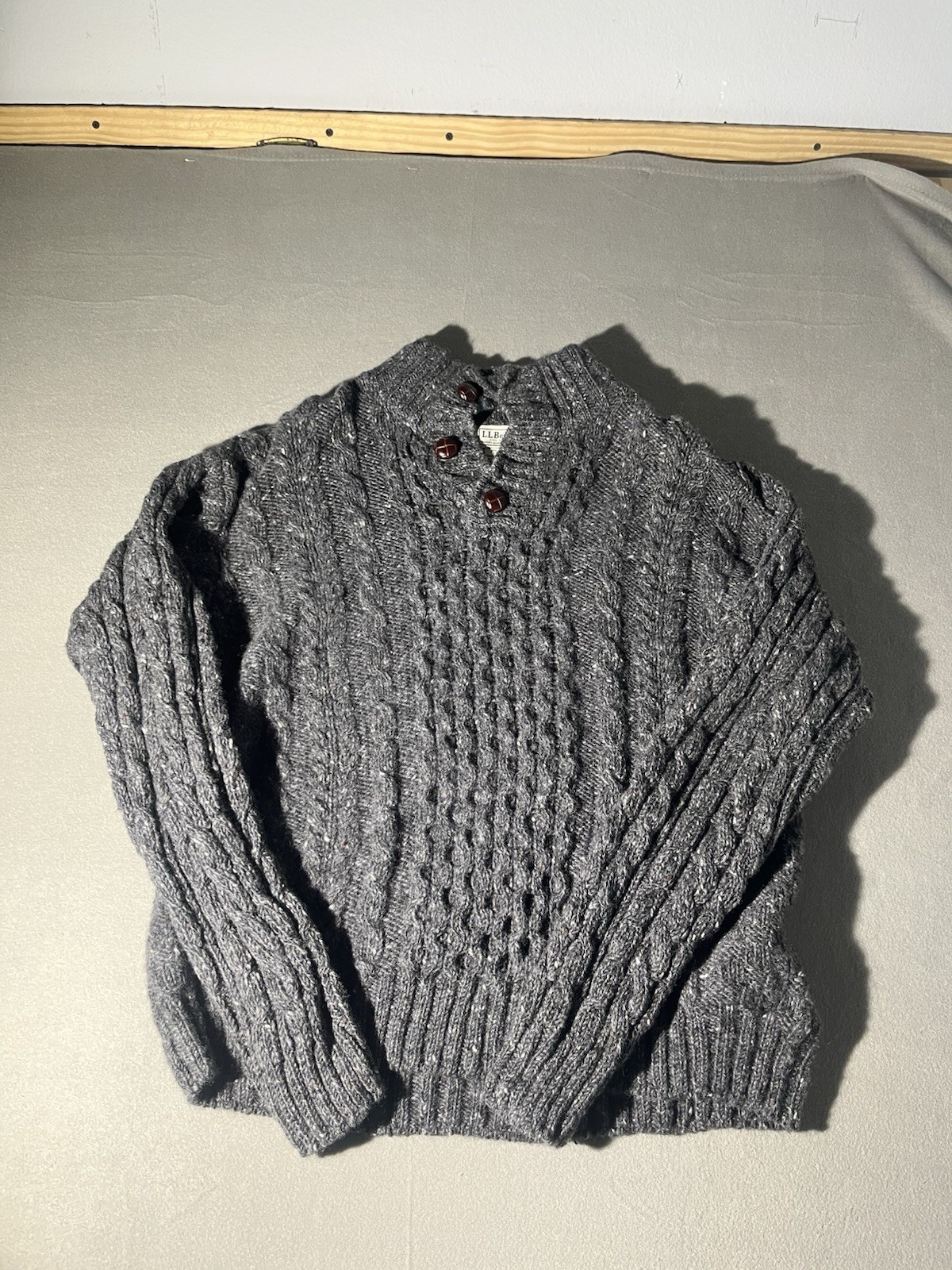 Vintage LL Bean Wool Fisherman’s Knit Sweater Mens L Made In Ireland Grey Chunky
