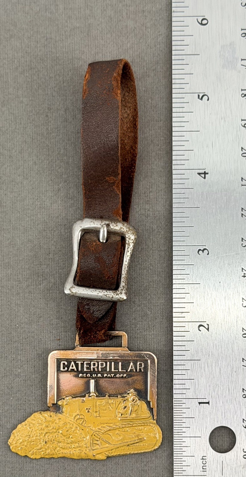 Vintage 1950s/60s Caterpillar Yellow Enamel Watch Fob - Walker Machinery Co. WV