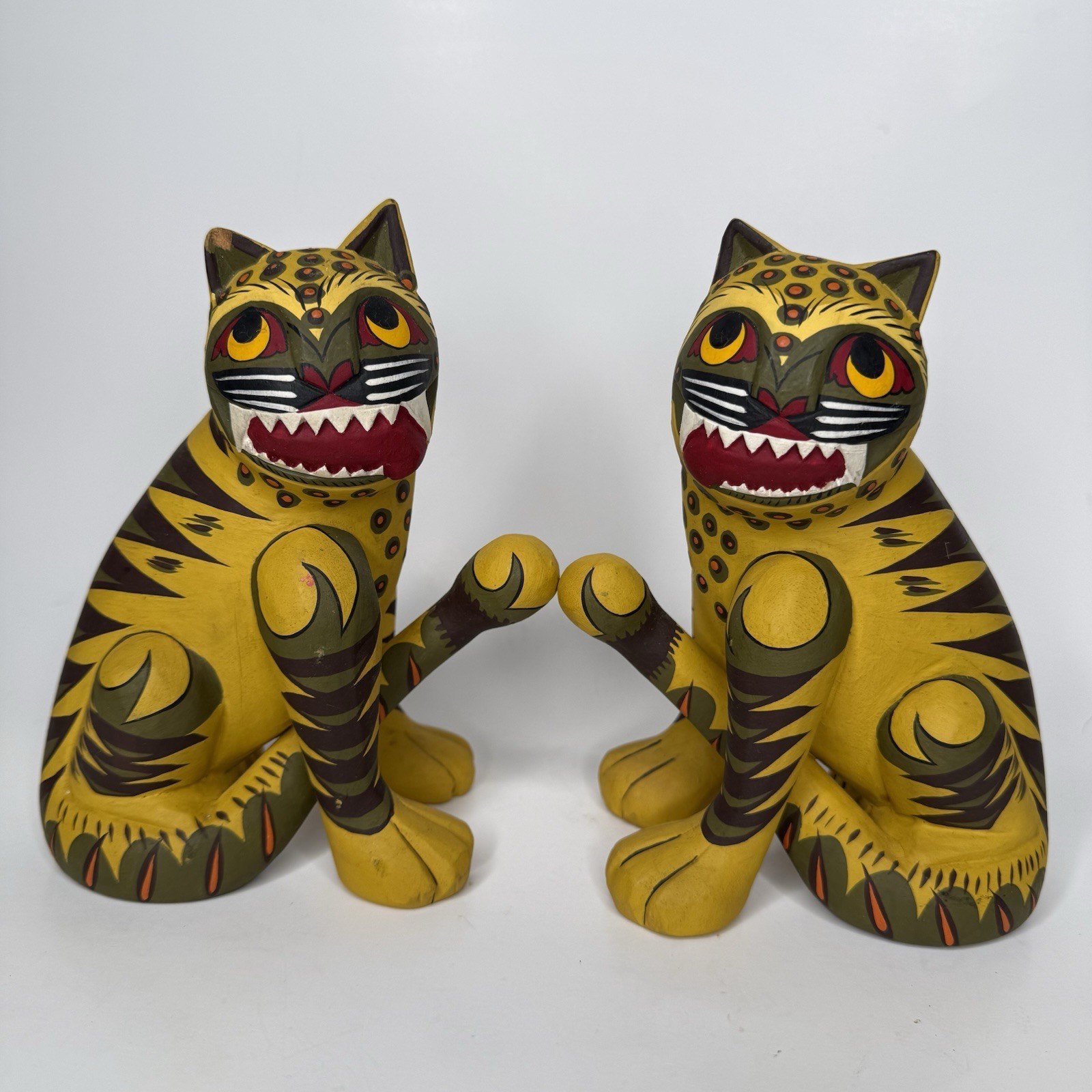 Vintage Korean Folk Art Carved Wood Guardian Tigers Pair Minhwa Painted Signed