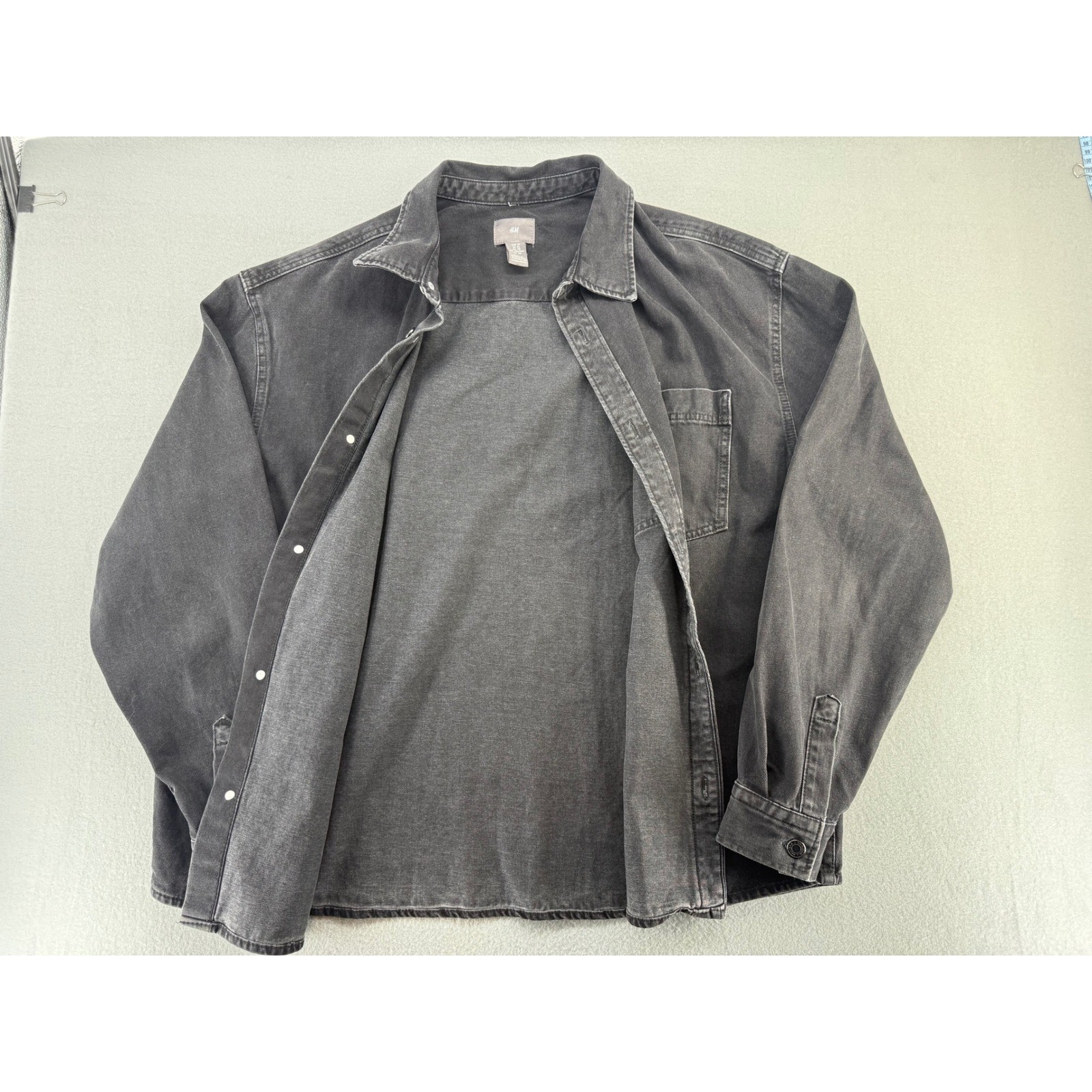 H&M Men\'s XL Washed Black Denim Shirt Button Up Overshirt Workwear Grunge