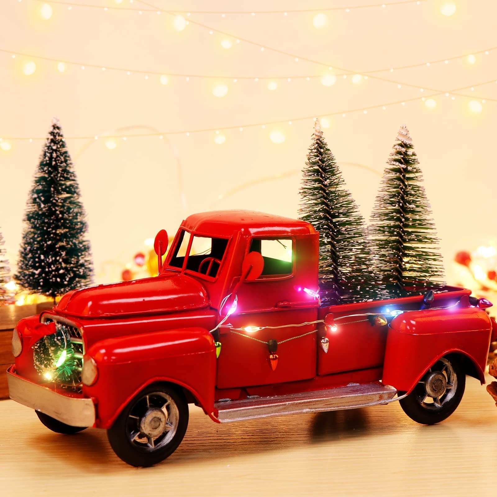 Vintage Red Truck Christmas Decor - Metal Pickup Car Model, Holiday Home Accent
