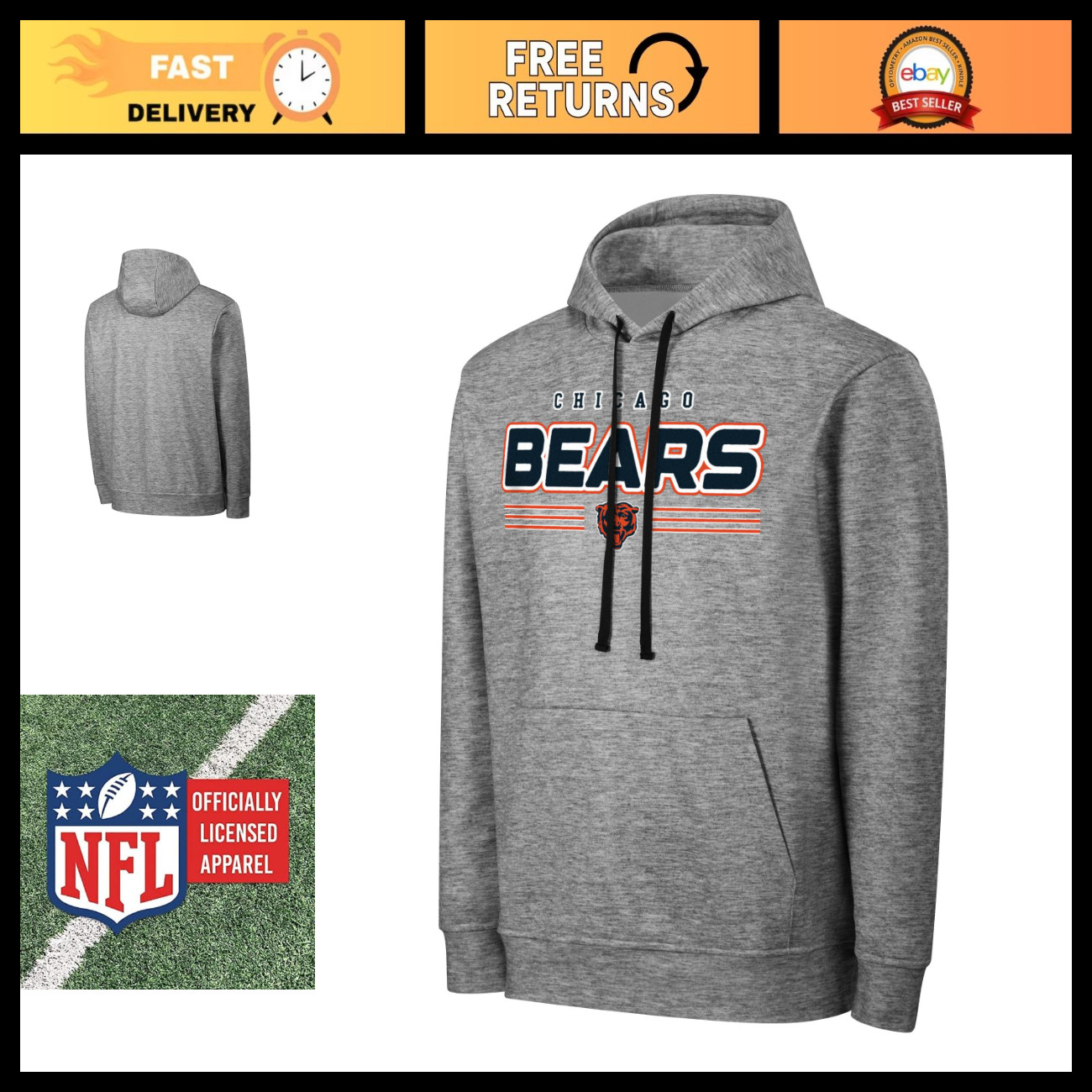 NFL Men\'s Gray Team Color Logo Performance Hoodie - Victory Stripe Pullover