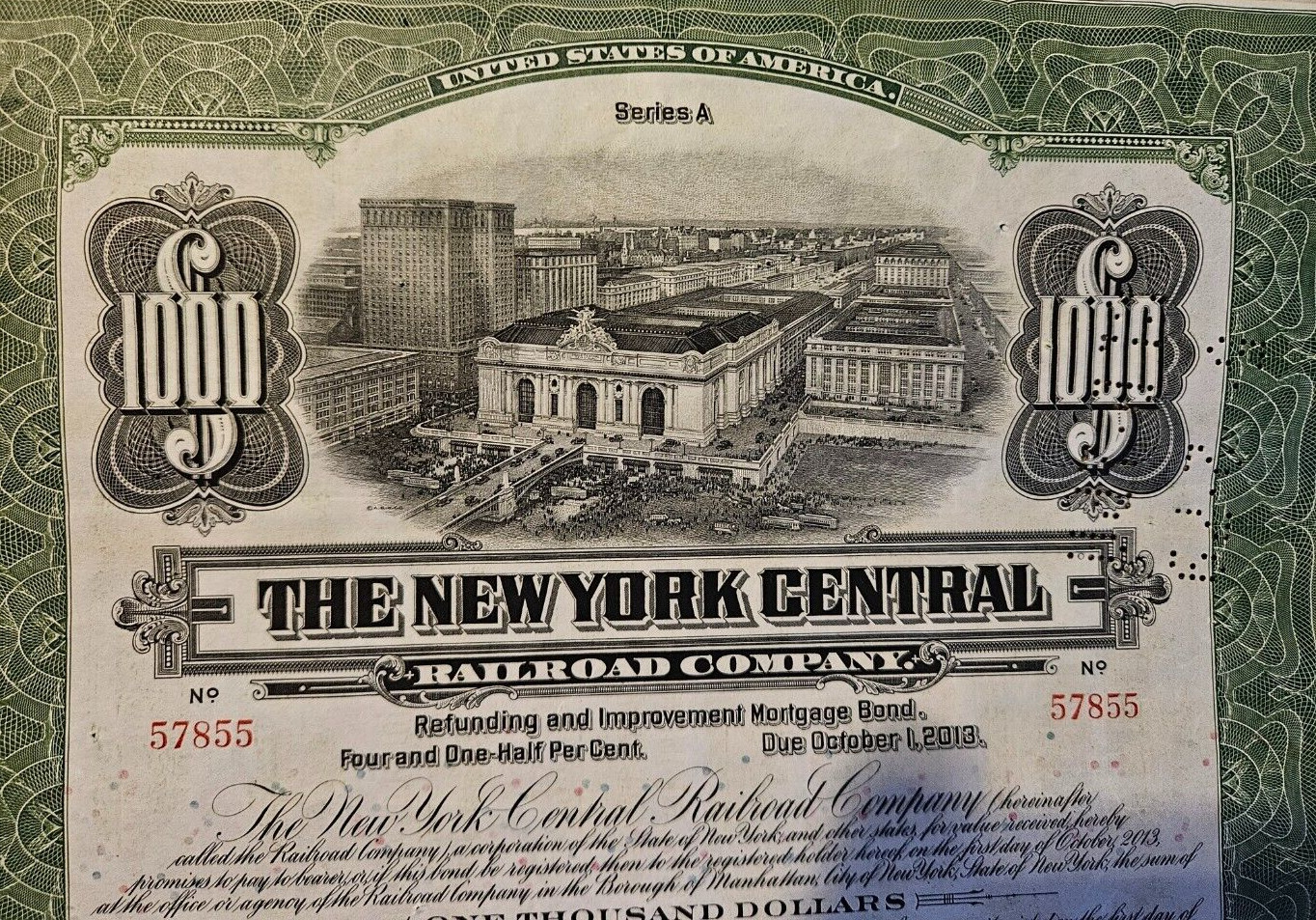Antique 1913 New York Central Railroad Co. 4 1/2% $1000 Bond Certificate, Green