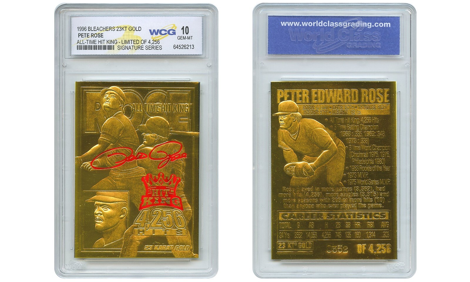 1996 PETE ROSE Bleachers 23K Gold Card Signature Series S/N of 4,256 GEM-MINT 10 1996 PETE ROSE Bleachers 23K Gold Card Signature Series S/N of 4,256 GEM-MINT 10