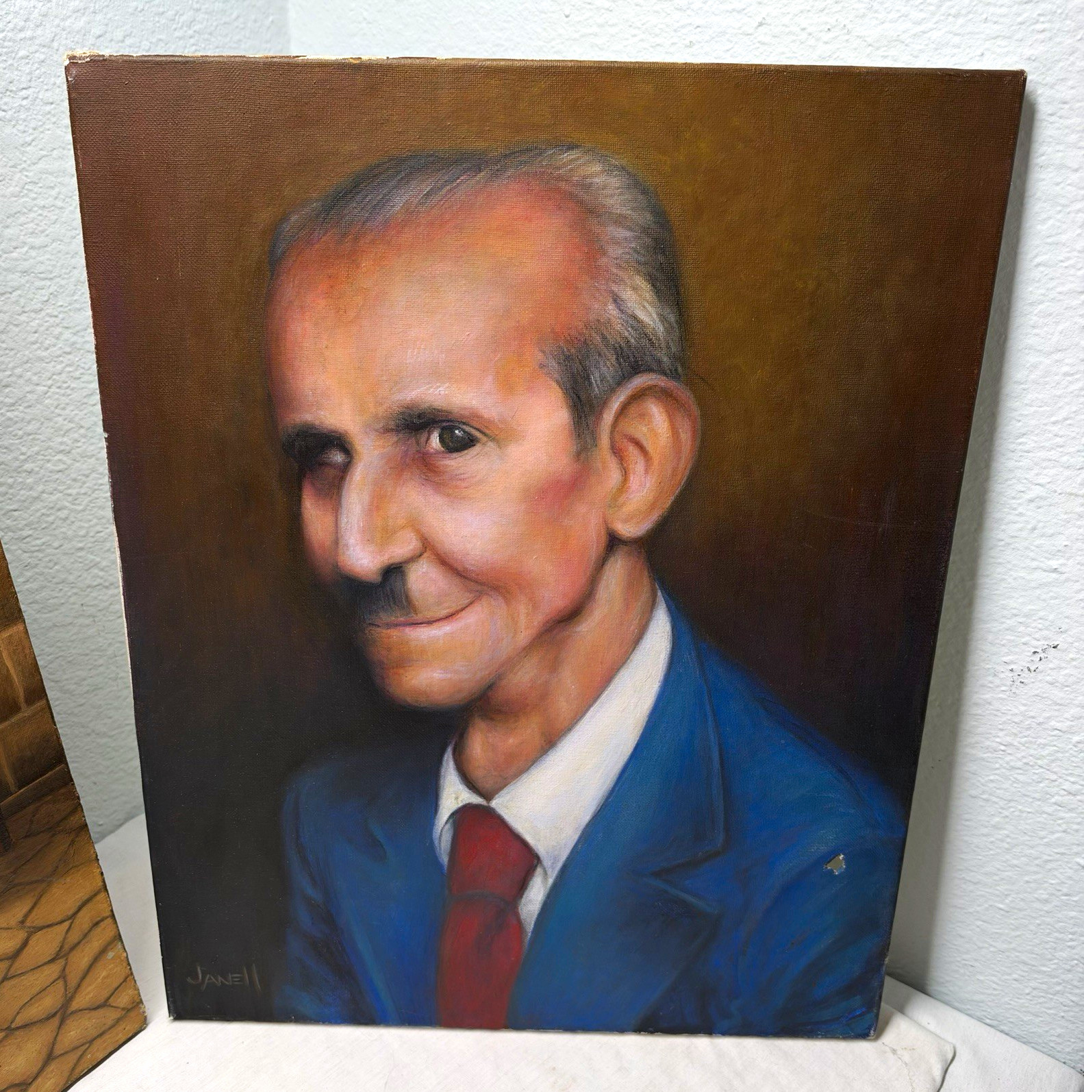 JaneII Signed OOAK Original Realism Canvas Portrait Man Blue Suit Red Tie