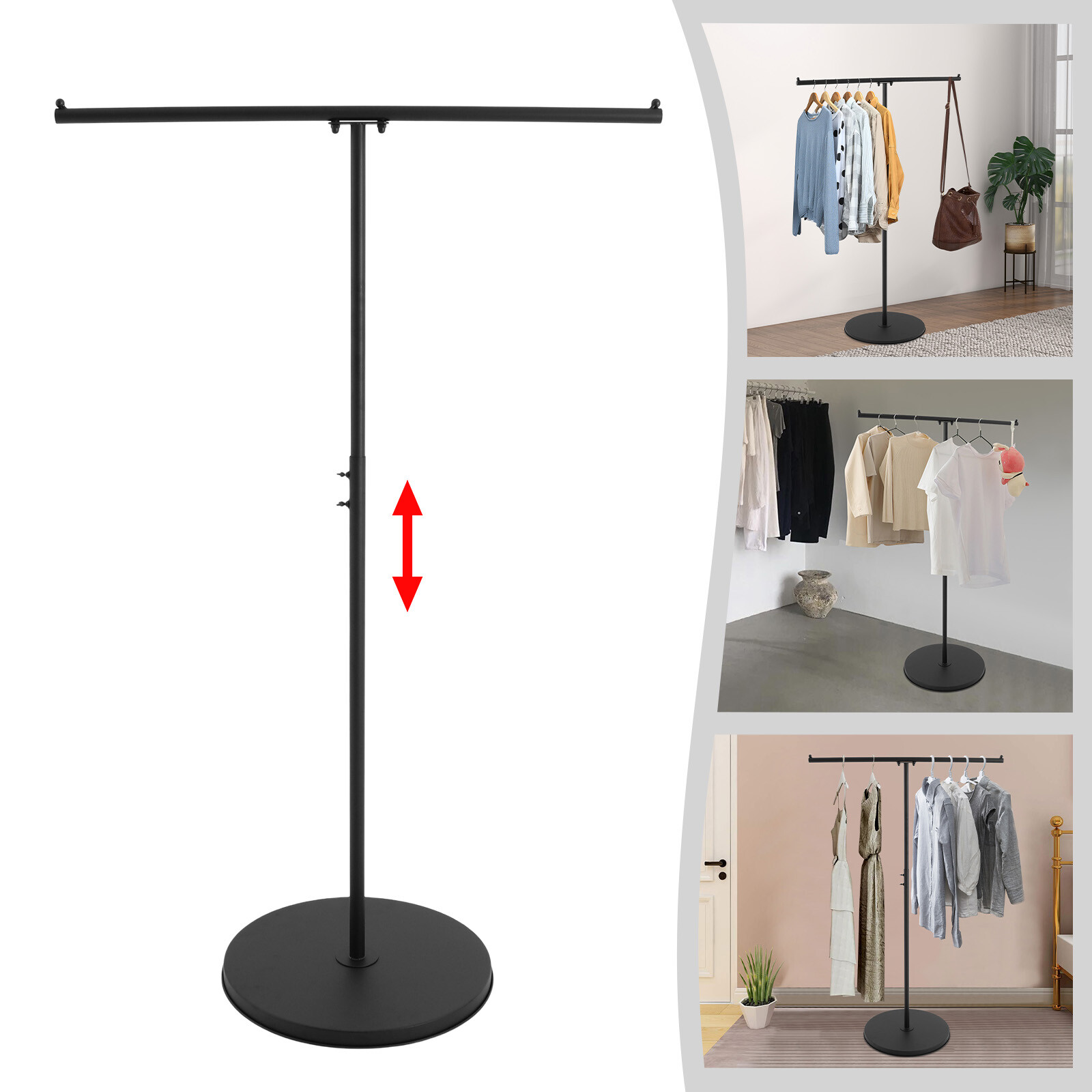 Black Steel T?Shaped Adjustable Clothing Display Rack 1?C1.5m (50cm Base)