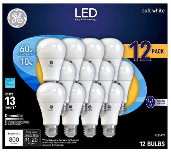 GE Soft White LED 60W Equivalent General Purpose A19 Light Bulbs (12 Pack)