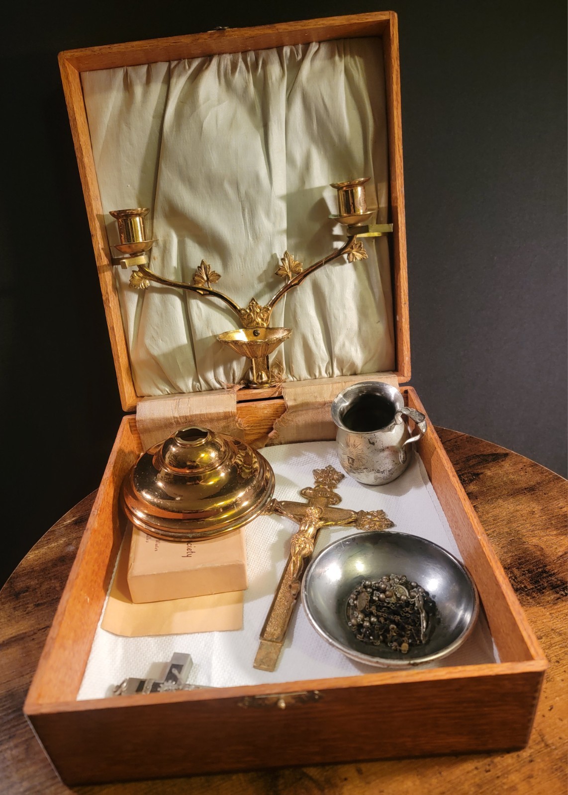 Vintage Catholic Sick Call & Travel Mass Set Alter Cross In Wooden Box