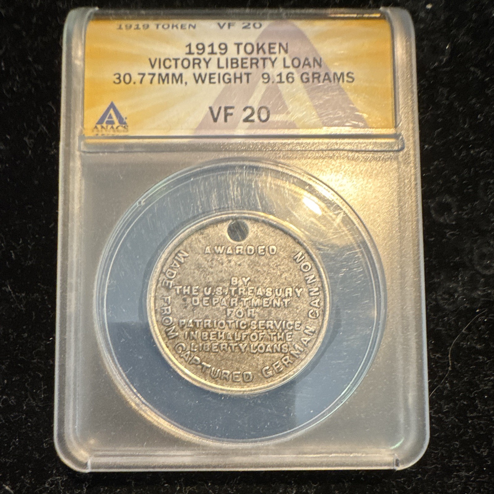 1919 Victory Liberty Loan Token ANACS VF 20 WW1 German cannons melted down