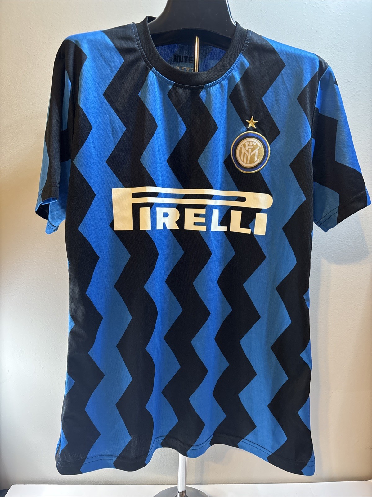 Inter Milan Soccer Jersey Blue/Black Zigzag Pirelli Medium 
