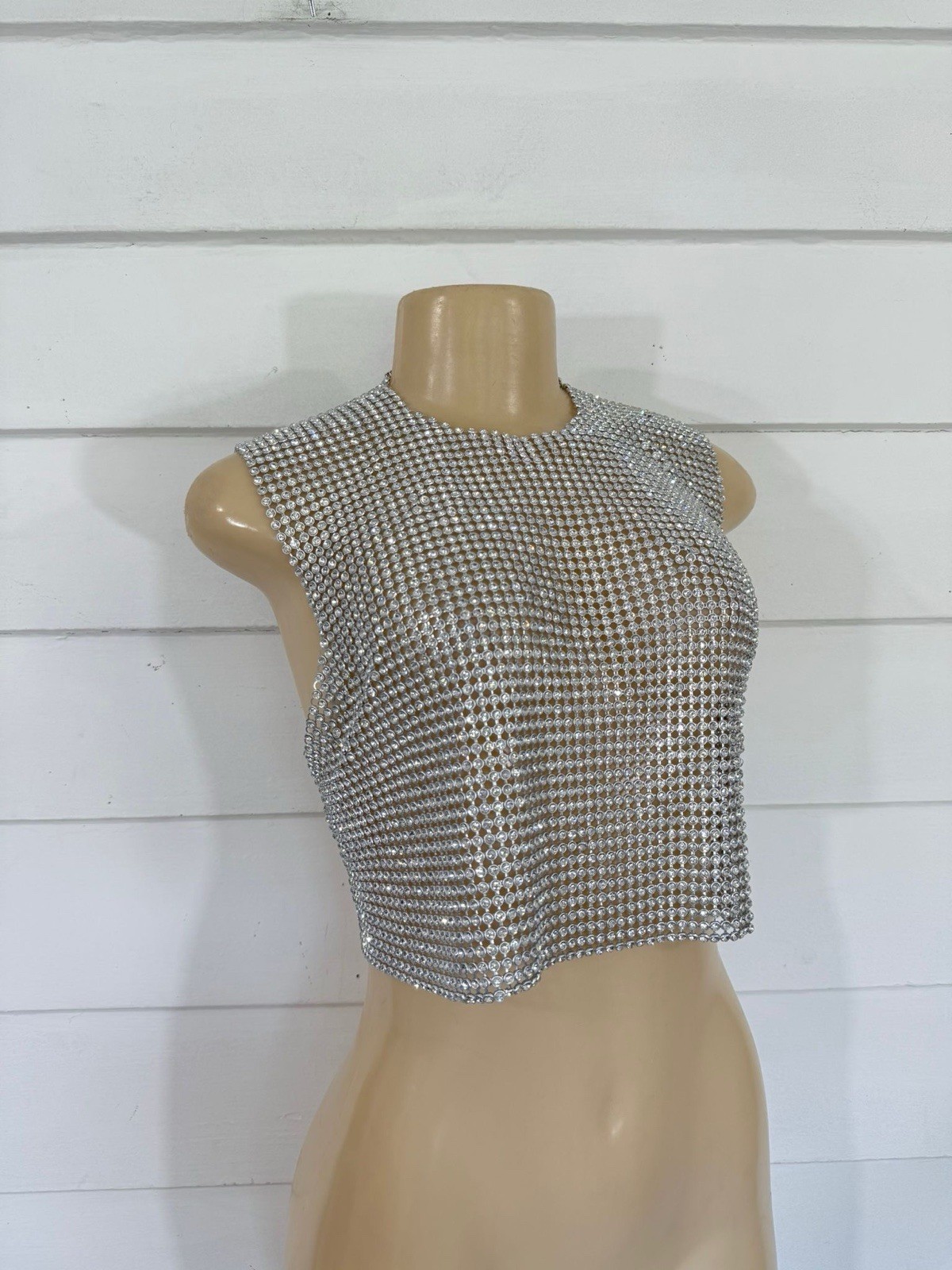 New ZARA WOMAN RHINESTONE CROP TOP WITH OPEN BACK SILVER METAL Size M Y703F