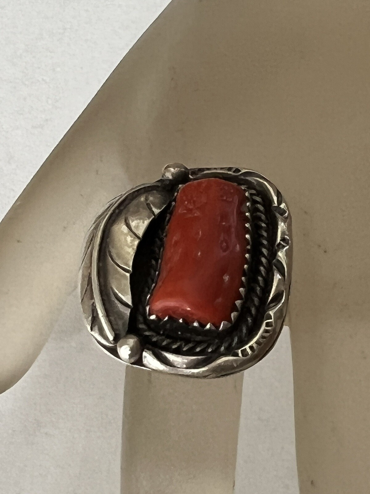 Antique Vintage Native Navajo Sterling Silver Red Coral Branch Foliate Ring Sz 5