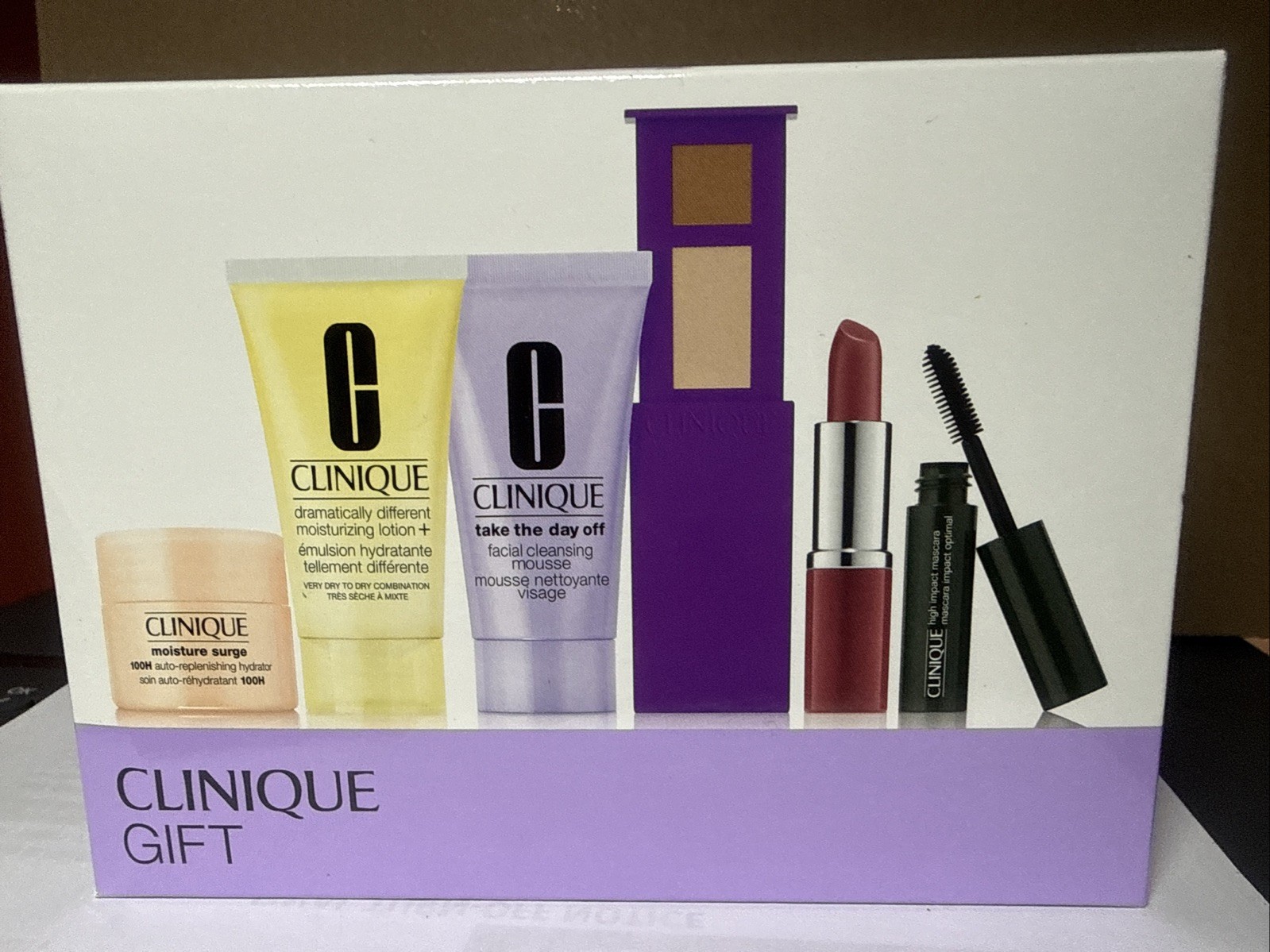 CLINIQUE 6 PC SET cleansing mousse, lotion, hydrator, mascara, eyeshadow, lipstk CLINIQUE 6 PC SET cleansing mousse, lotion, hydrator, mascara, eyeshadow, lipstk