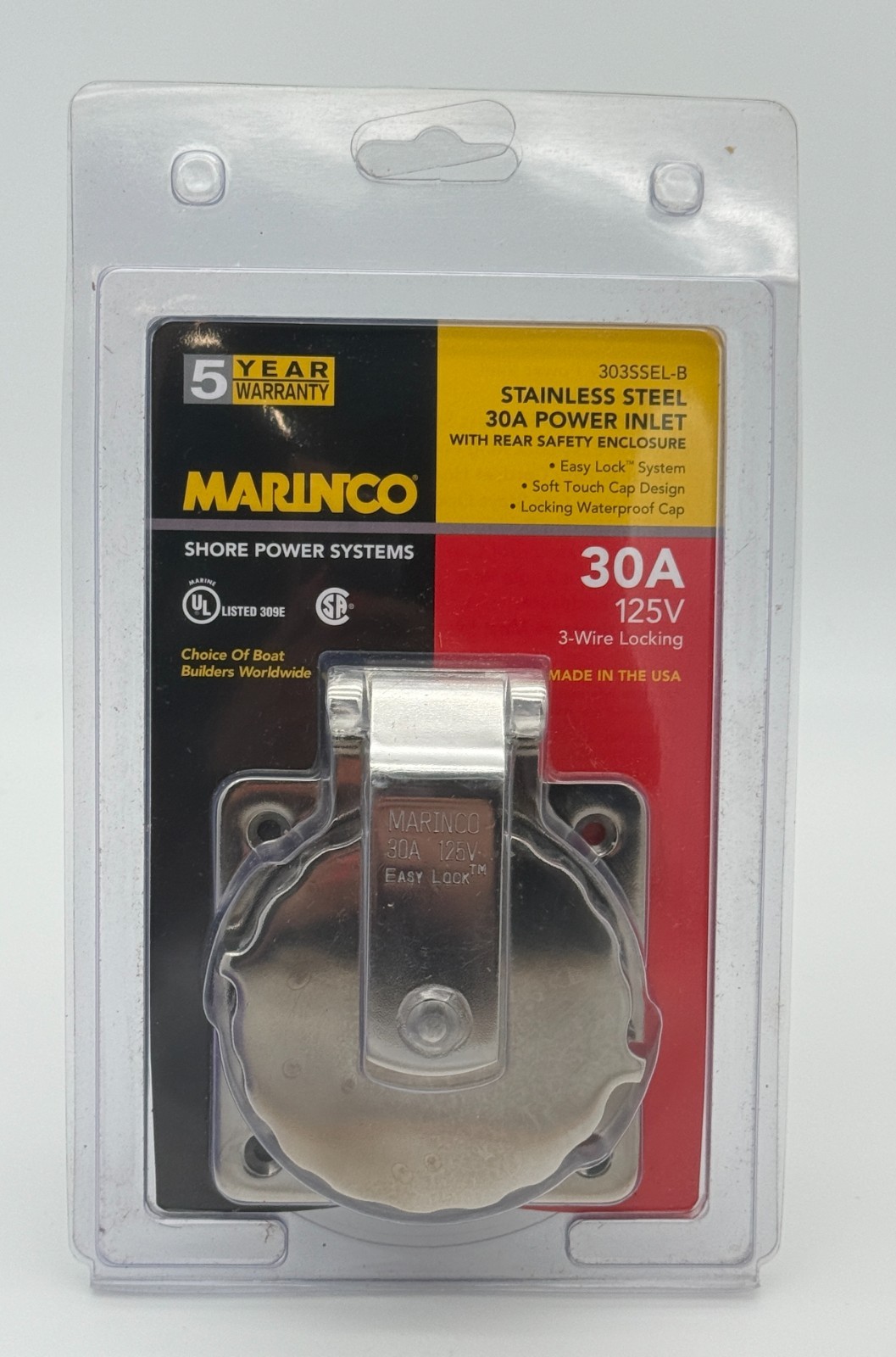 Marinco 303SSEL-B 30A 125V Stainless Steel Shore Power Inlet Easy Lock New