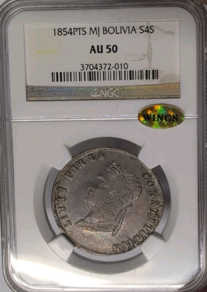 1854PTS MJ Bolivia 4 Soles NGC Lovely Example 1854PTS MJ Bolivia 4 Soles NGC Lovely Example