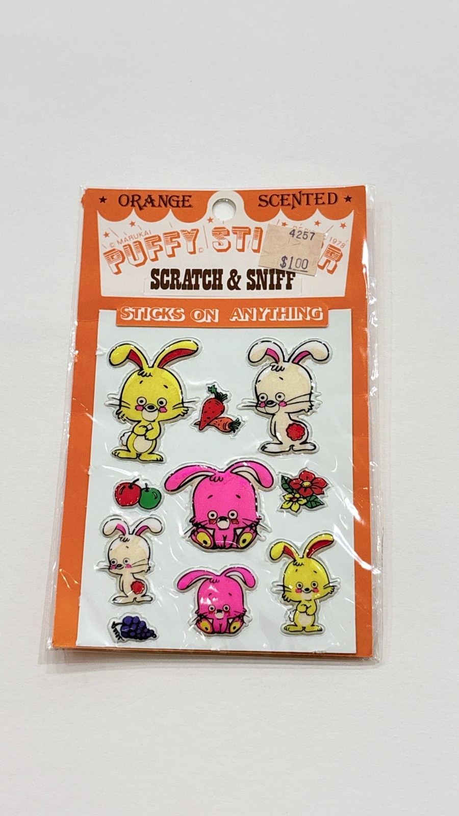 Vintage 1978 Marukai Orange Scented Puffy Scratch Sniff Bunny Stickers