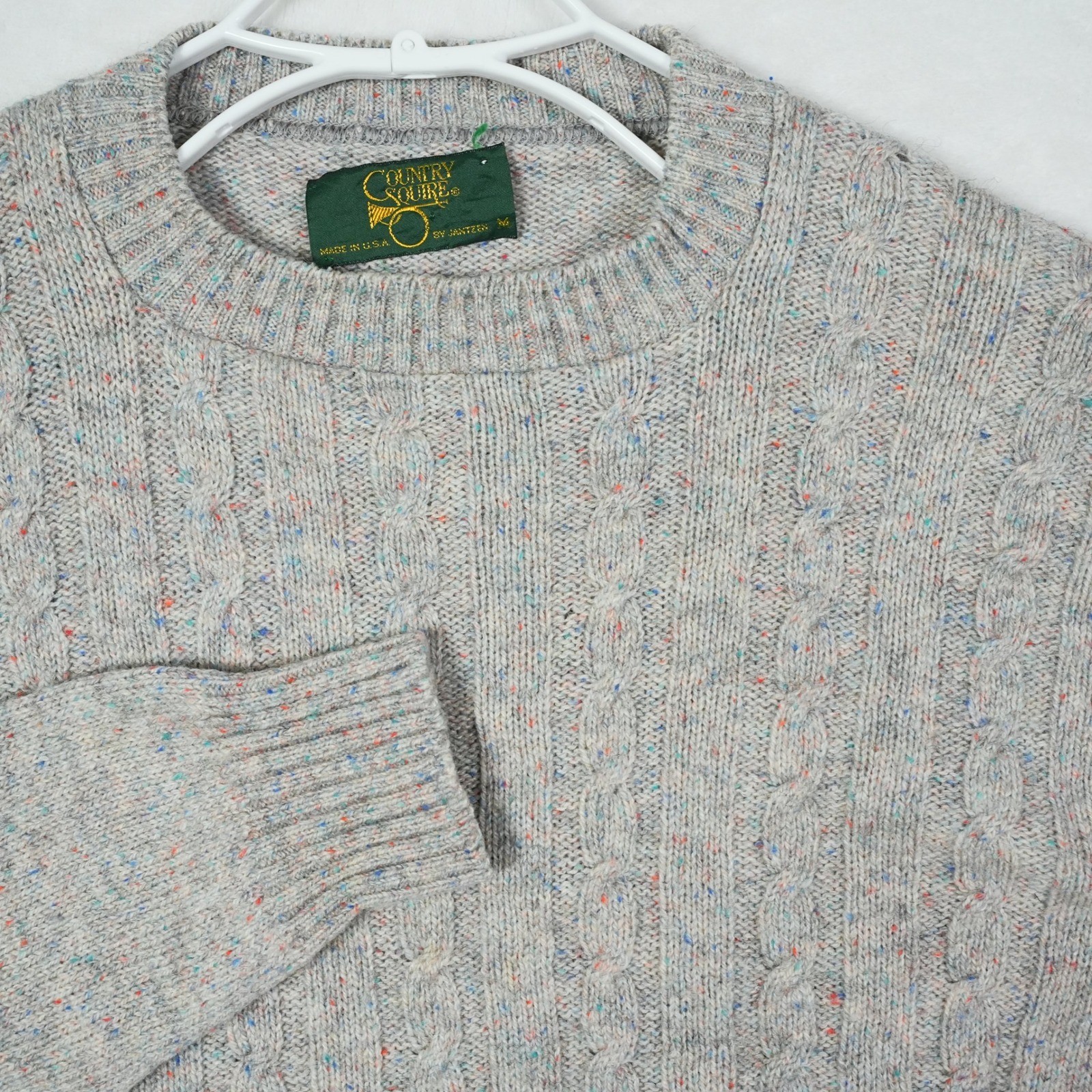 Vintage Country Squire Jantzen Mens Grey Confetti Cable Knit Sweater USA Medium