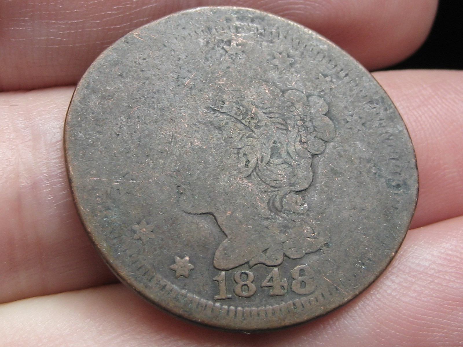 1848 Braided Hair Large Cent Penny- About Good Details, Flattened 1848 Braided Hair Large Cent Penny- About Good Details, Flattened