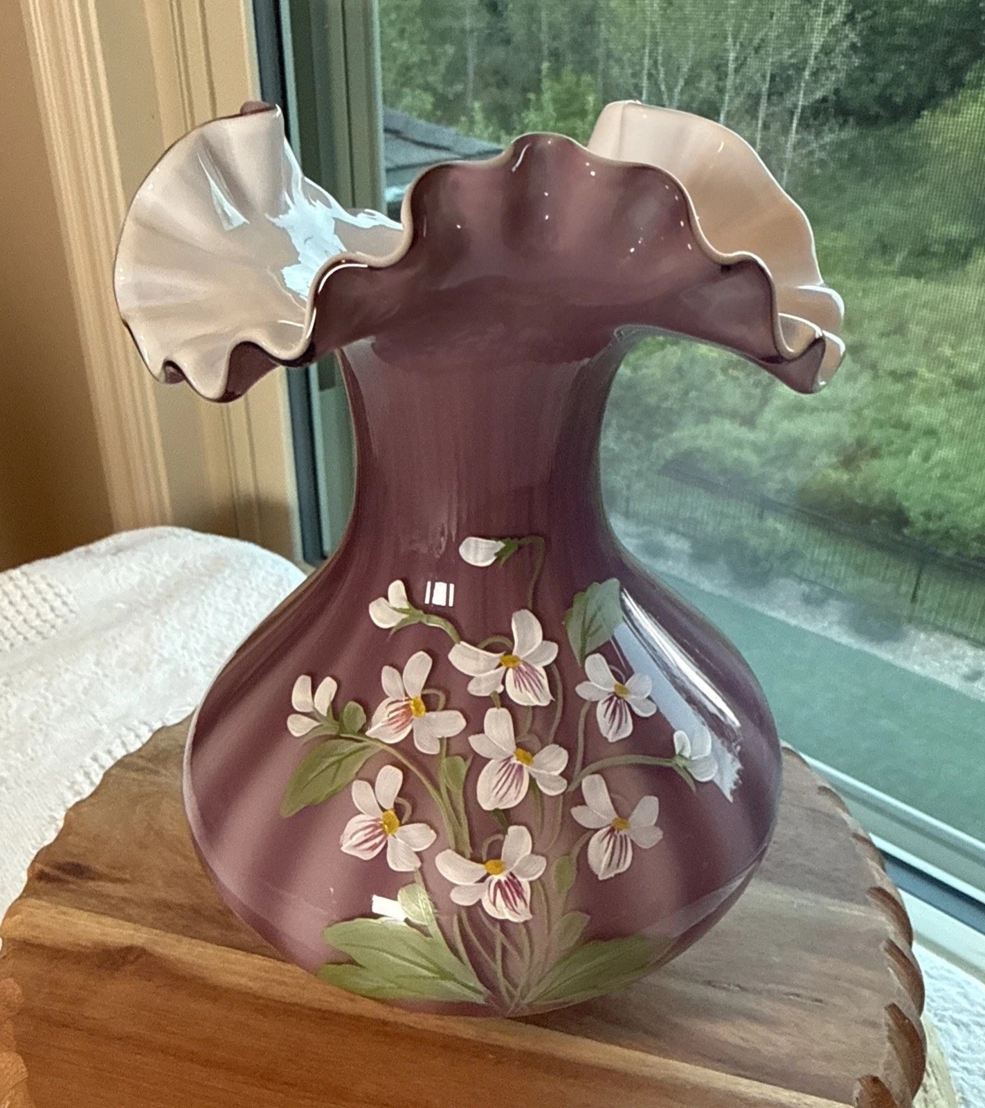 Fenton Plum Overlay Rib Optic HP Vase Family Signed Piece 7” Tall QVC VTG