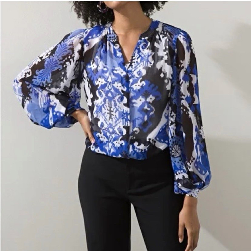 Chico\'s Women\'s Ikat V-Neck Blouse Blue/Black/White Woven Long Sleeve Sz 2