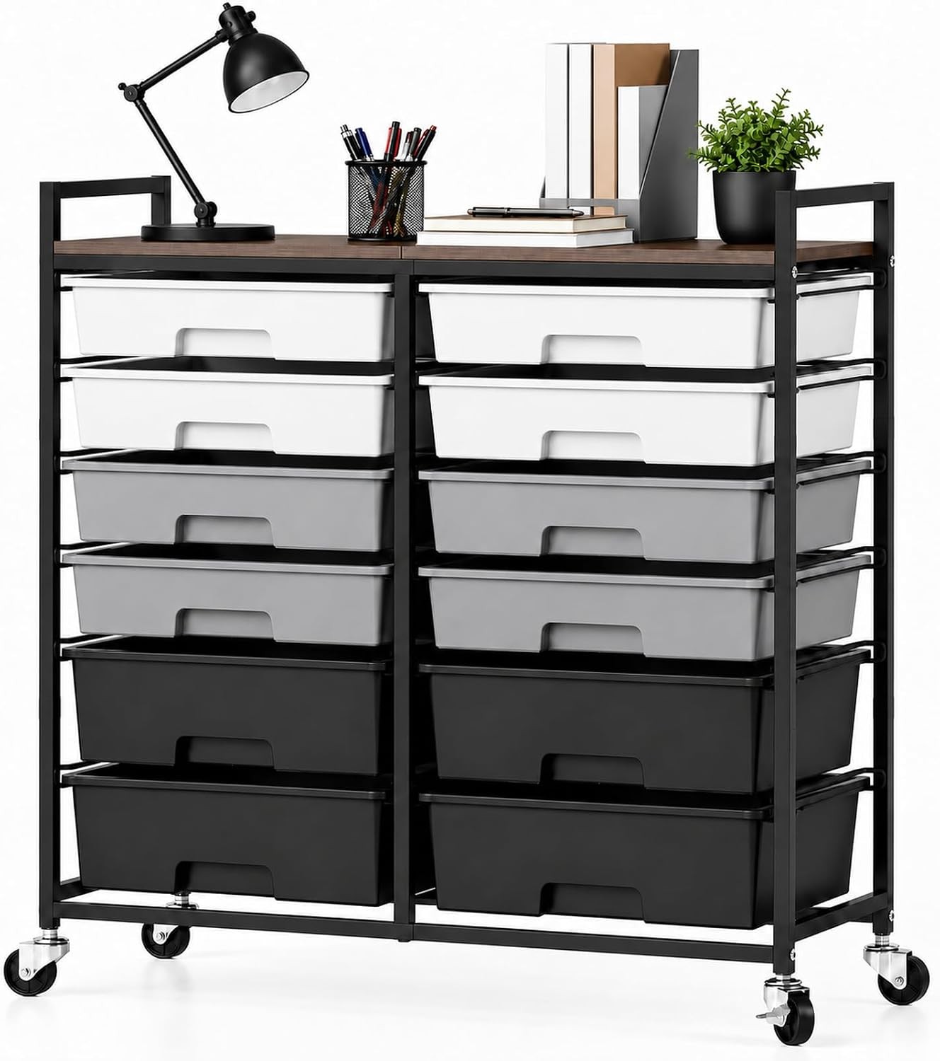 12 Drawer Rolling Storage Cart, Metal Frame Storage Organizer with Wood Top